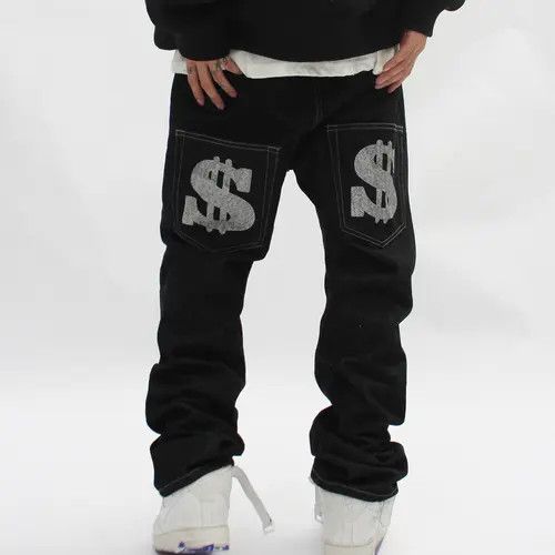 image of Dollar Graphic Painted Black Denim Jeans, Men's (Size 30)