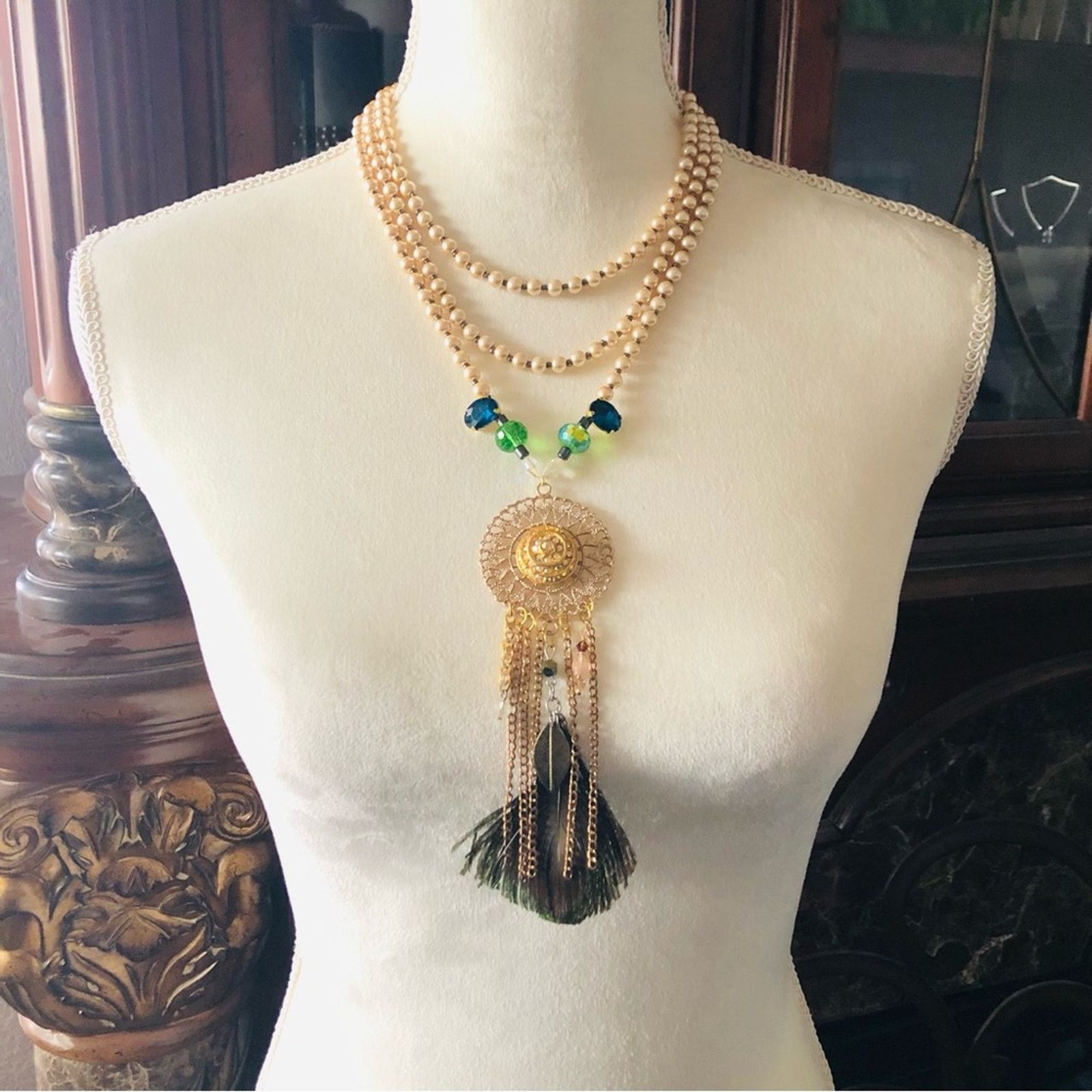 Handmade Handcrafted filigree pendant Pearl genuine emerald necklac Size ONE SIZE - 3 Thumbnail