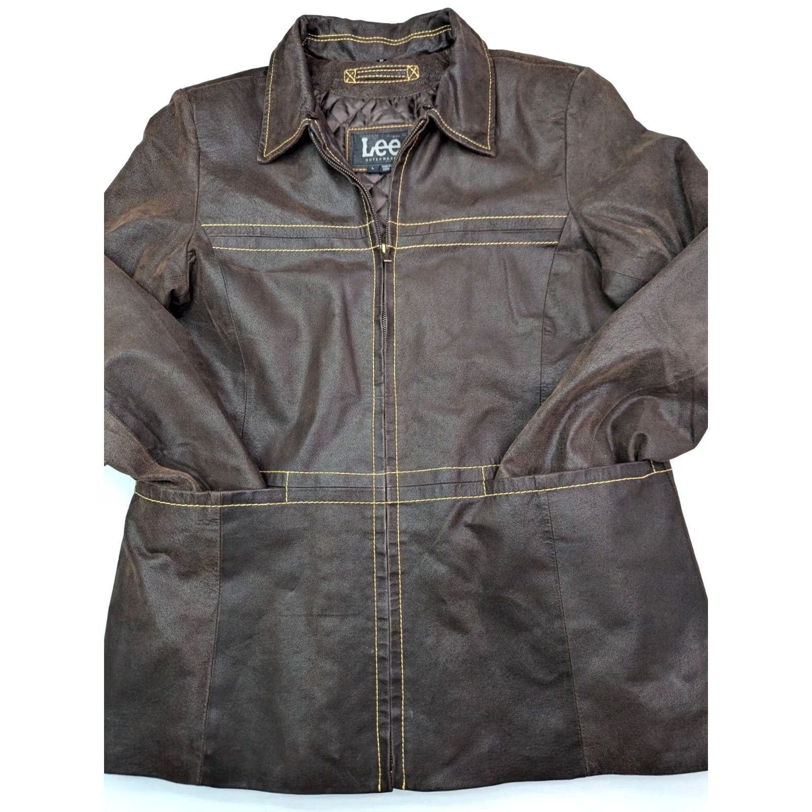 Lee VINTAGE Lee Leather Quilt Lined Jacket Womens L Brown Yellow Accent EUC Jacket Size L / US 10 / IT 46 - 4 Thumbnail
