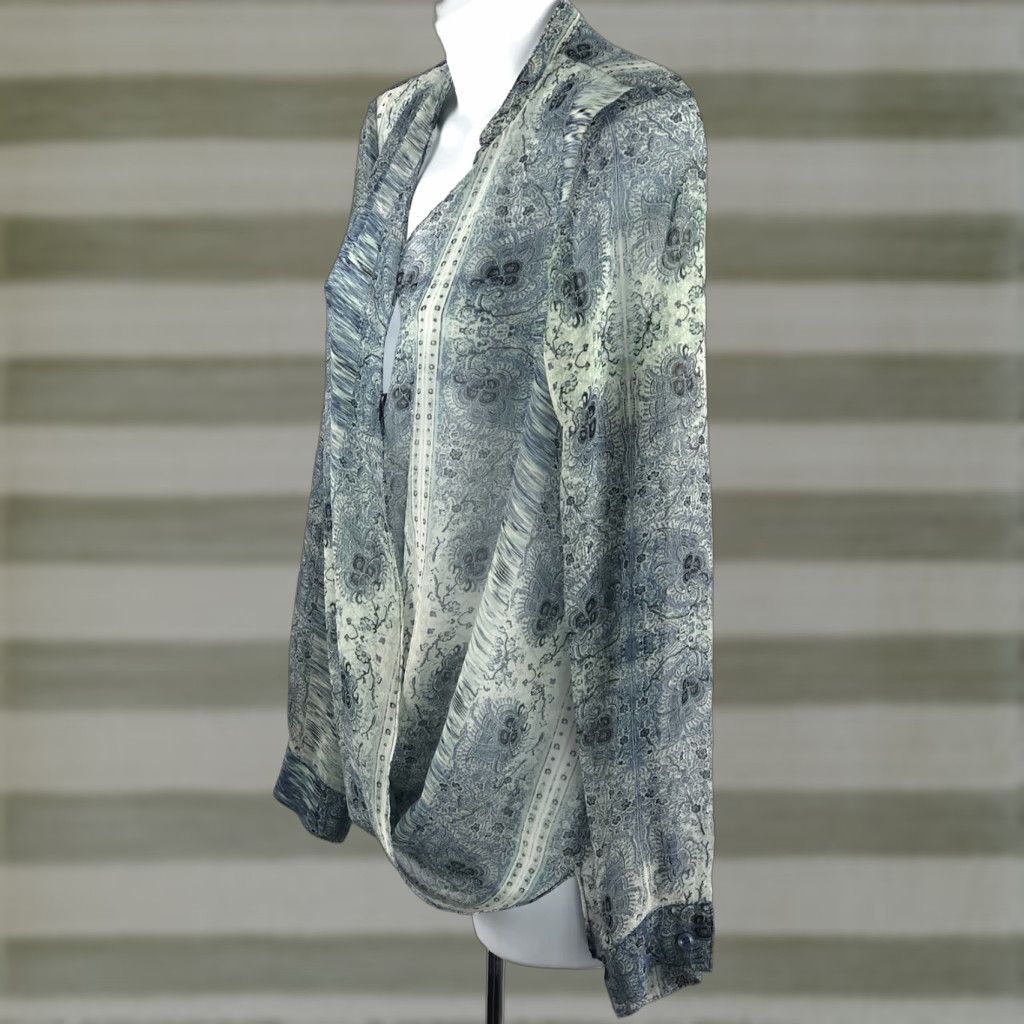 BCBGeneration BCBG Flowy Chiffon Top Blue Geo Blouse S Long Sleeve Collared Twist Front Sheer Boho 90s Y2K Career Womens Size S / US 4 / IT 40 - 1 Thumbnail