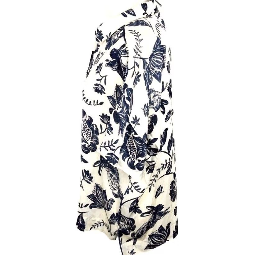 NEXT NEXT Collection Luxe Oversized Shirt Blouse - Floral Rabbits - Cream & Blue - Short Sleeve - UK 6 - Womens Size M / US 6-8 / IT 42-44 - 3 Thumbnail
