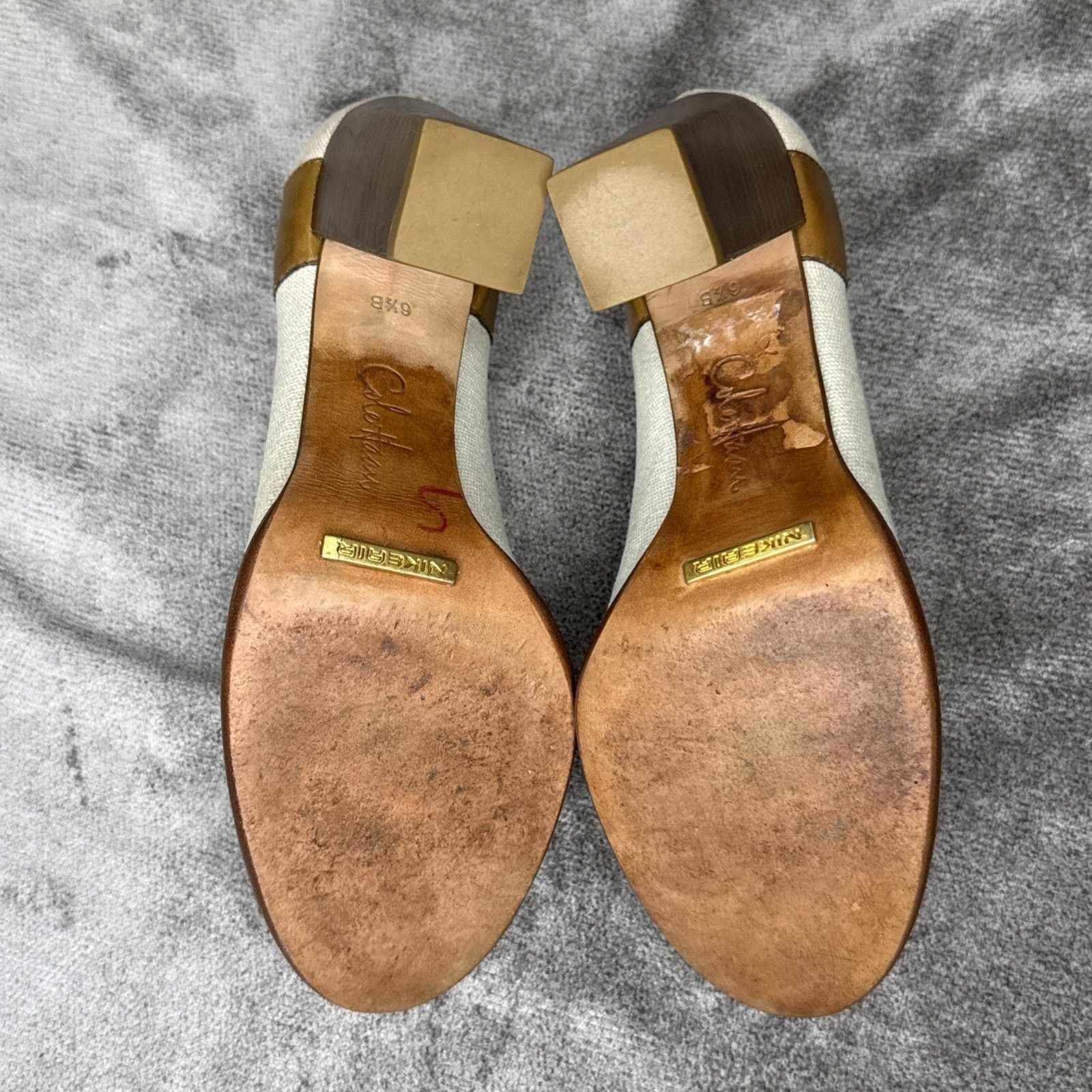 Cole Haan Cole Haan Canvas Ivory Tan Leather Block Heel Pumps 6.5B Size US 6.5 / IT 36.5 - 6 Thumbnail