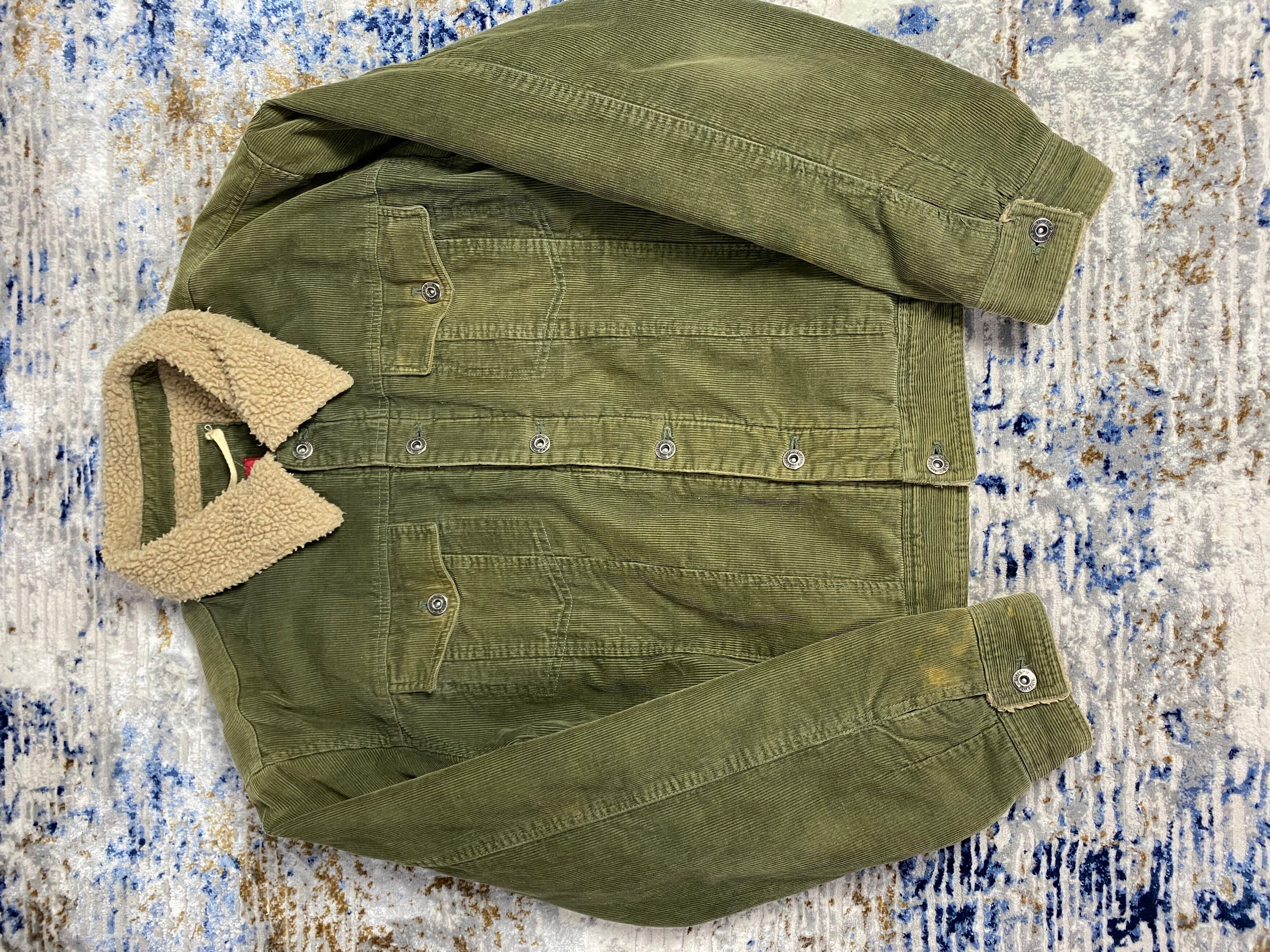 Pre-owned Vintage Military Green Corduroy Sherpa Jacket In Dark Green
