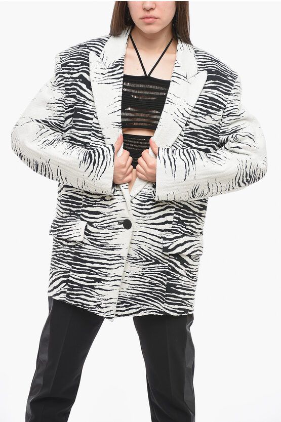 image of The Attico Single Breasted Blazer Glen With Animalier Embroidered in Black/White, Women's (Size XS)