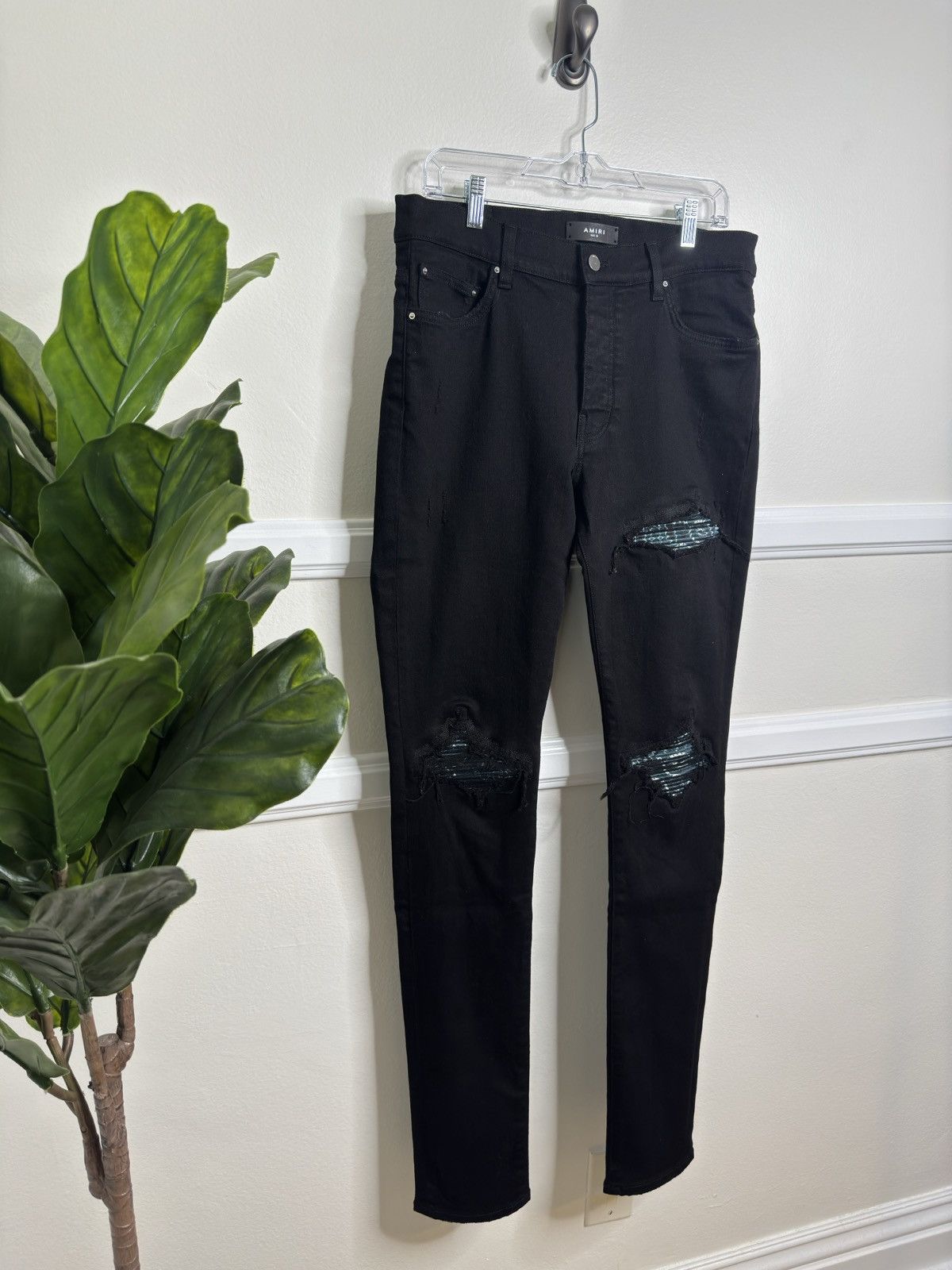 image of Amiri Mx1 Black Skinny Jeans Teal Bandana Patch 33, Men's