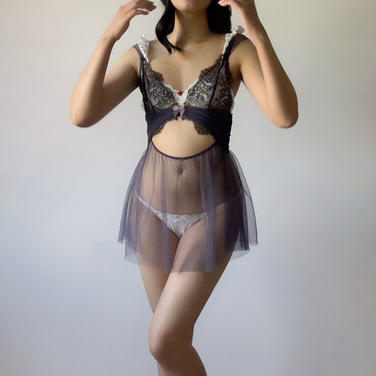 Victoria's Secret Dusty Blue Mesh & Black Lace Sheer Mini Slip Dress (S-M) Size M / US 6-8 / IT 42-44 - 5 Thumbnail