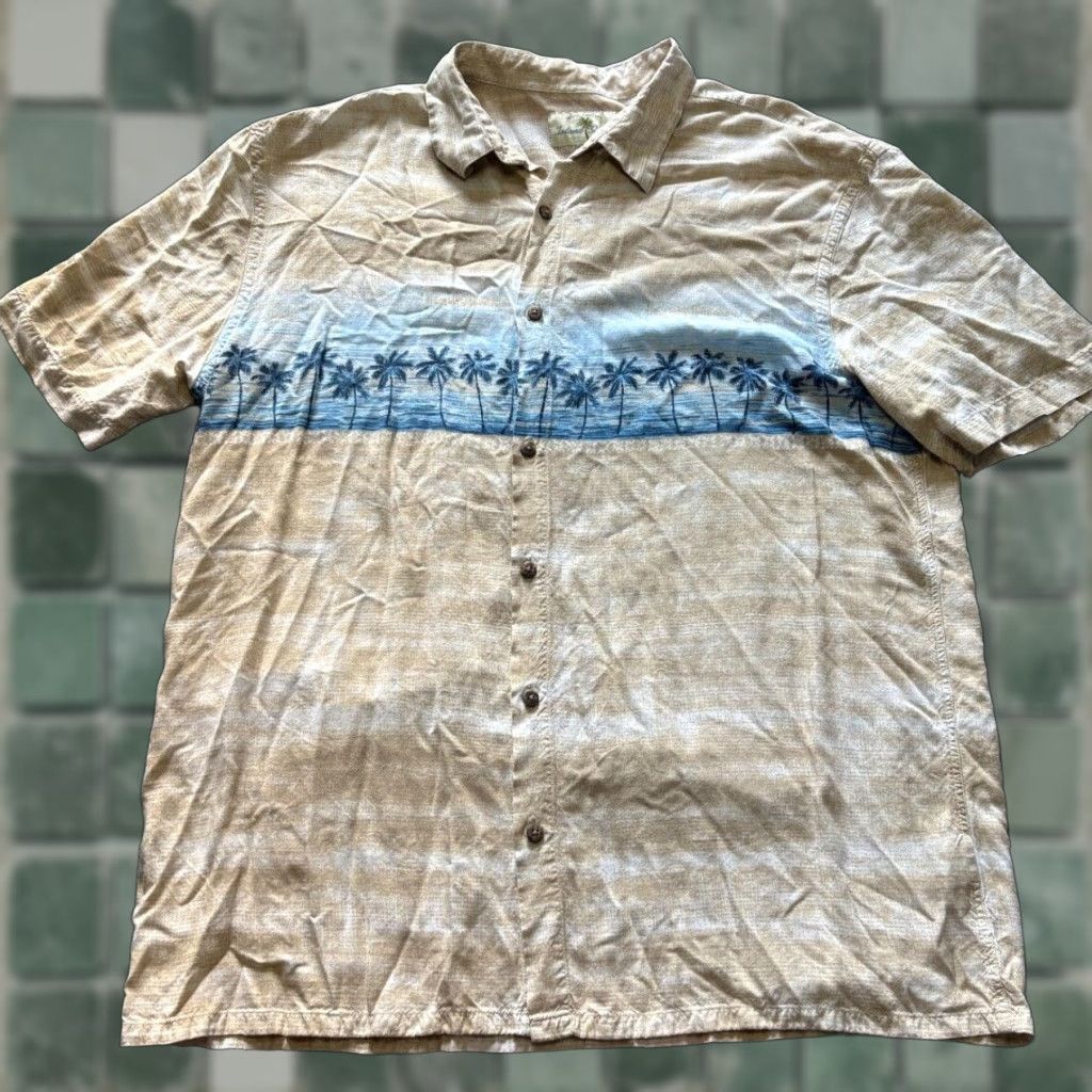Vintage Island Shores Button Up Shirt Mens XL Hawaiian Rayon Tropical Palm Tree Beige Size US XL / EU 56 / 4 - 1 Thumbnail