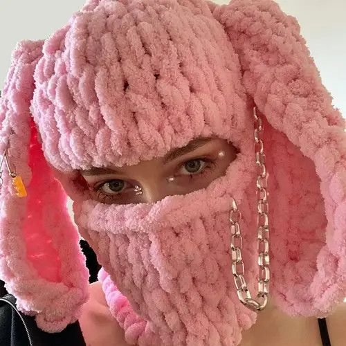 image of Vintage Knitted Bunny Ear Pink Balaclava, Men's