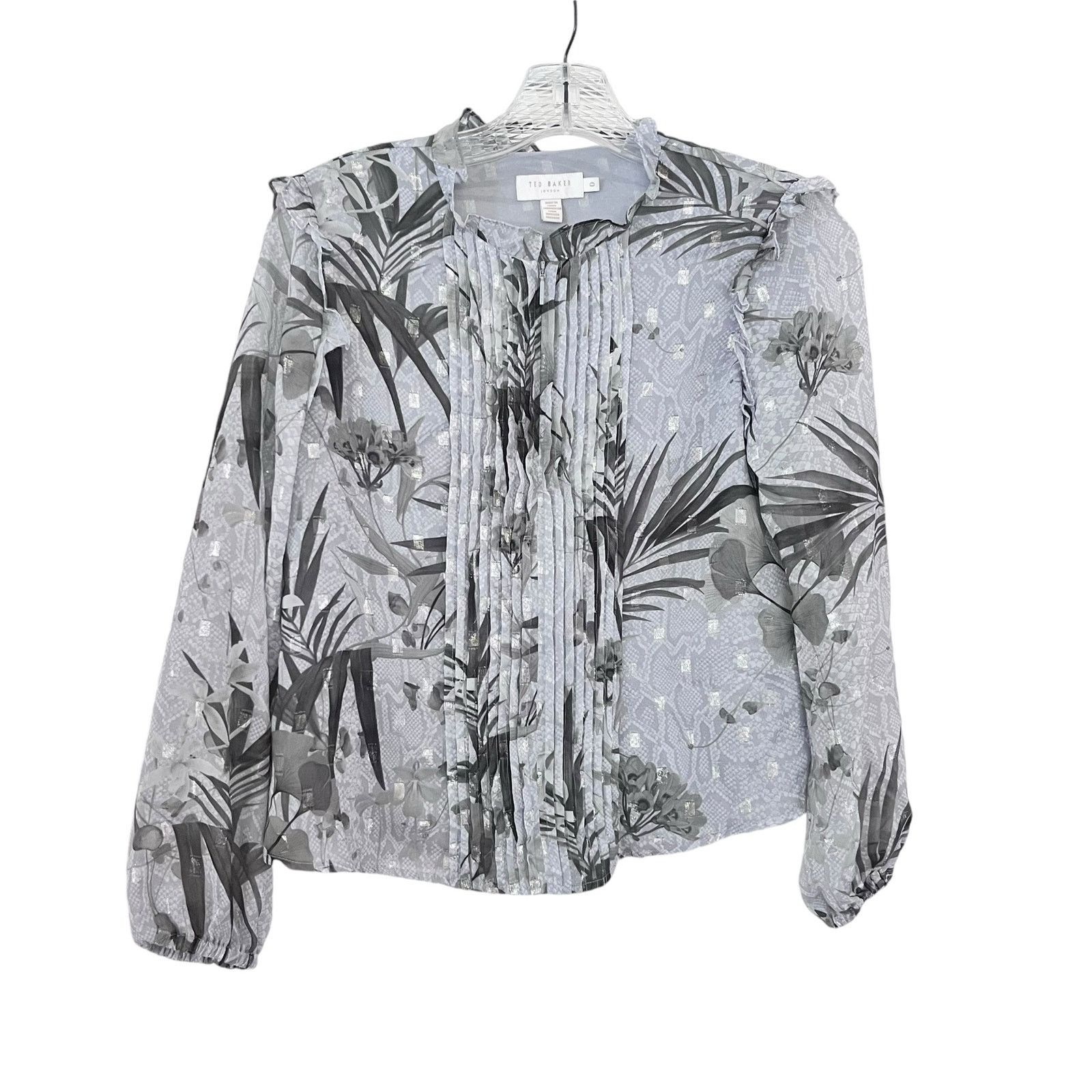 Ted Baker Tibbine Highland Pleated Floral Print Gray Top