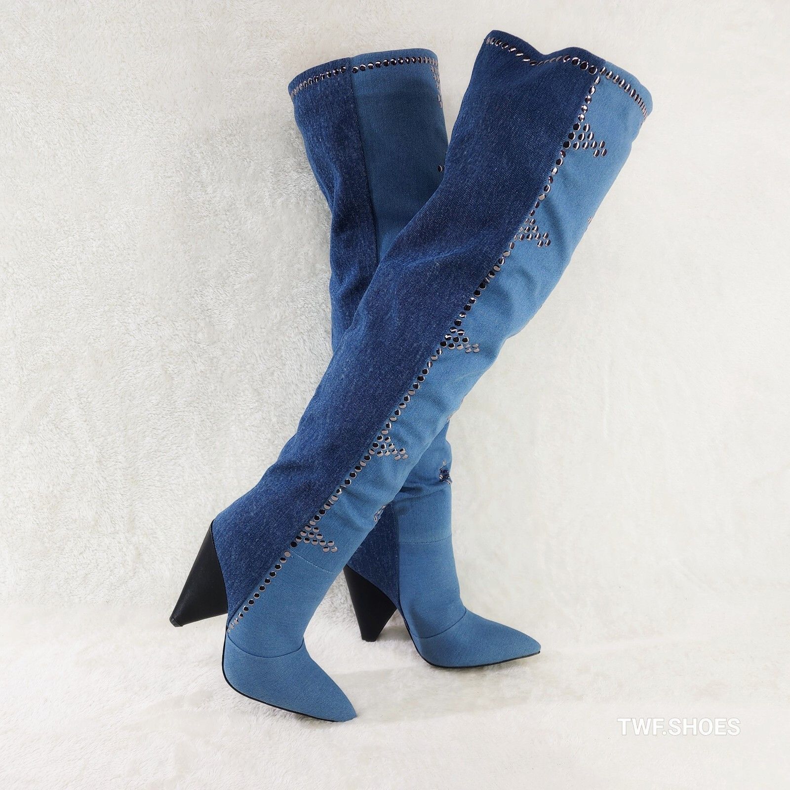 Western Flare Denim Boots Cone Heels Button Studs OTK Pull O