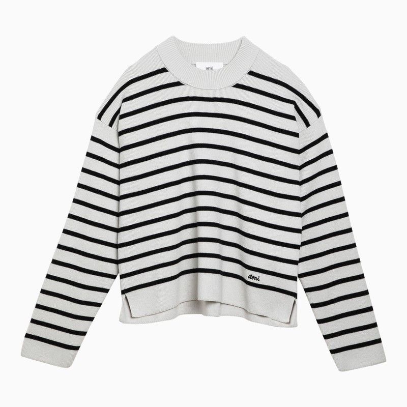 image of Ami Paris Chalk White/black Striped Cotton And Wool Jumper, Women's (Size XS)