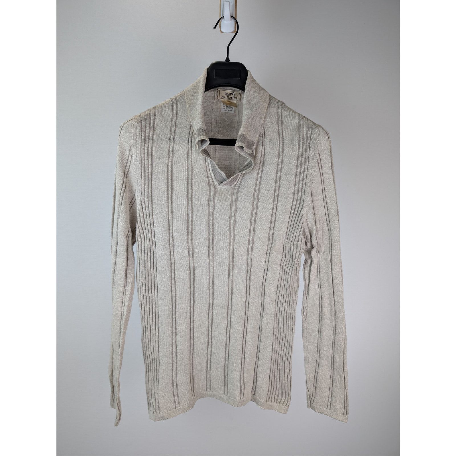 Hermes o1rshd1 CC20 Striped Knit Long-Sleeve Polo Shirt in Beige Size US M / EU 48-50 / 2 - 8 Thumbnail