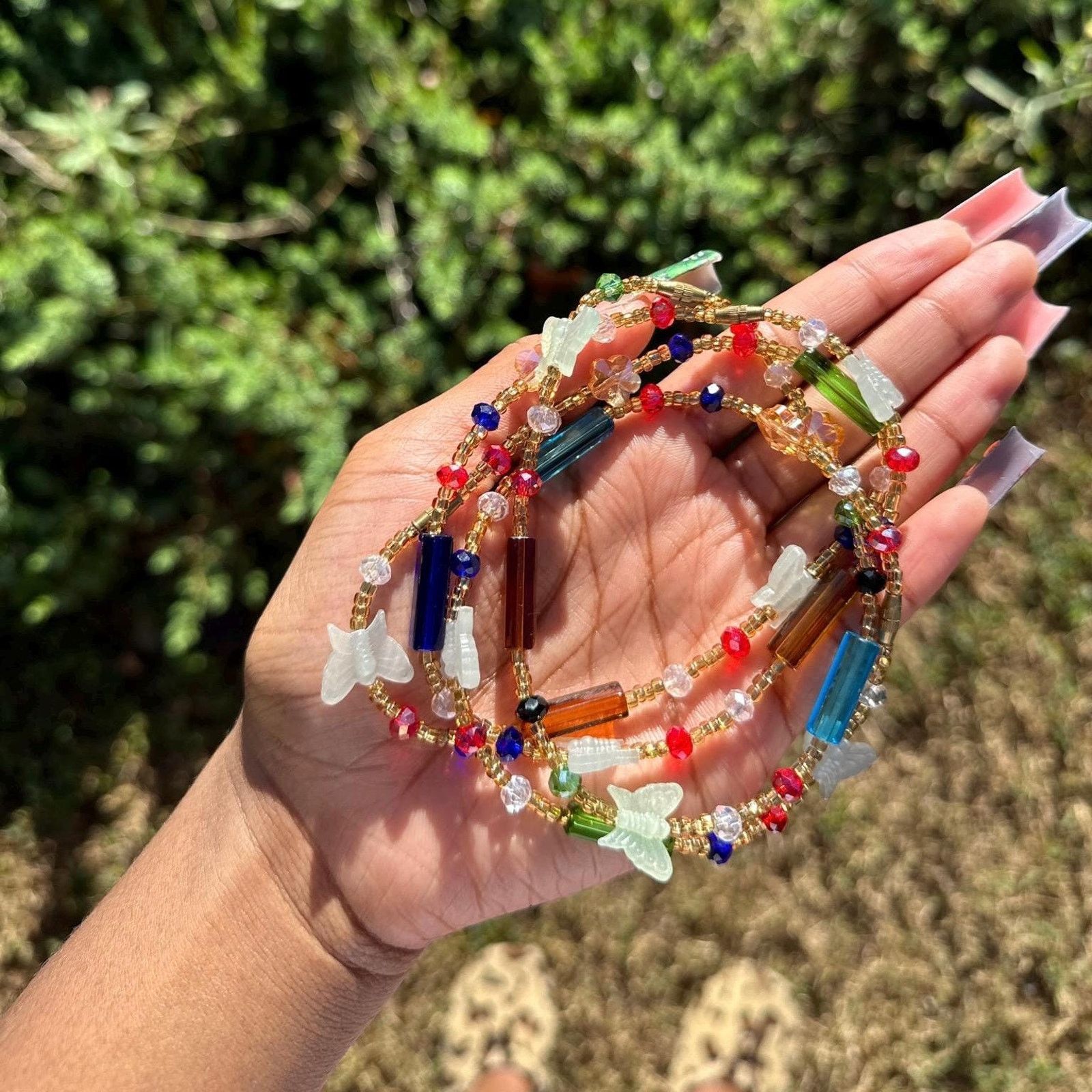 Handmade Multicolored butterfly beaded anklet glow in the dark Size ONE SIZE - 1 Thumbnail