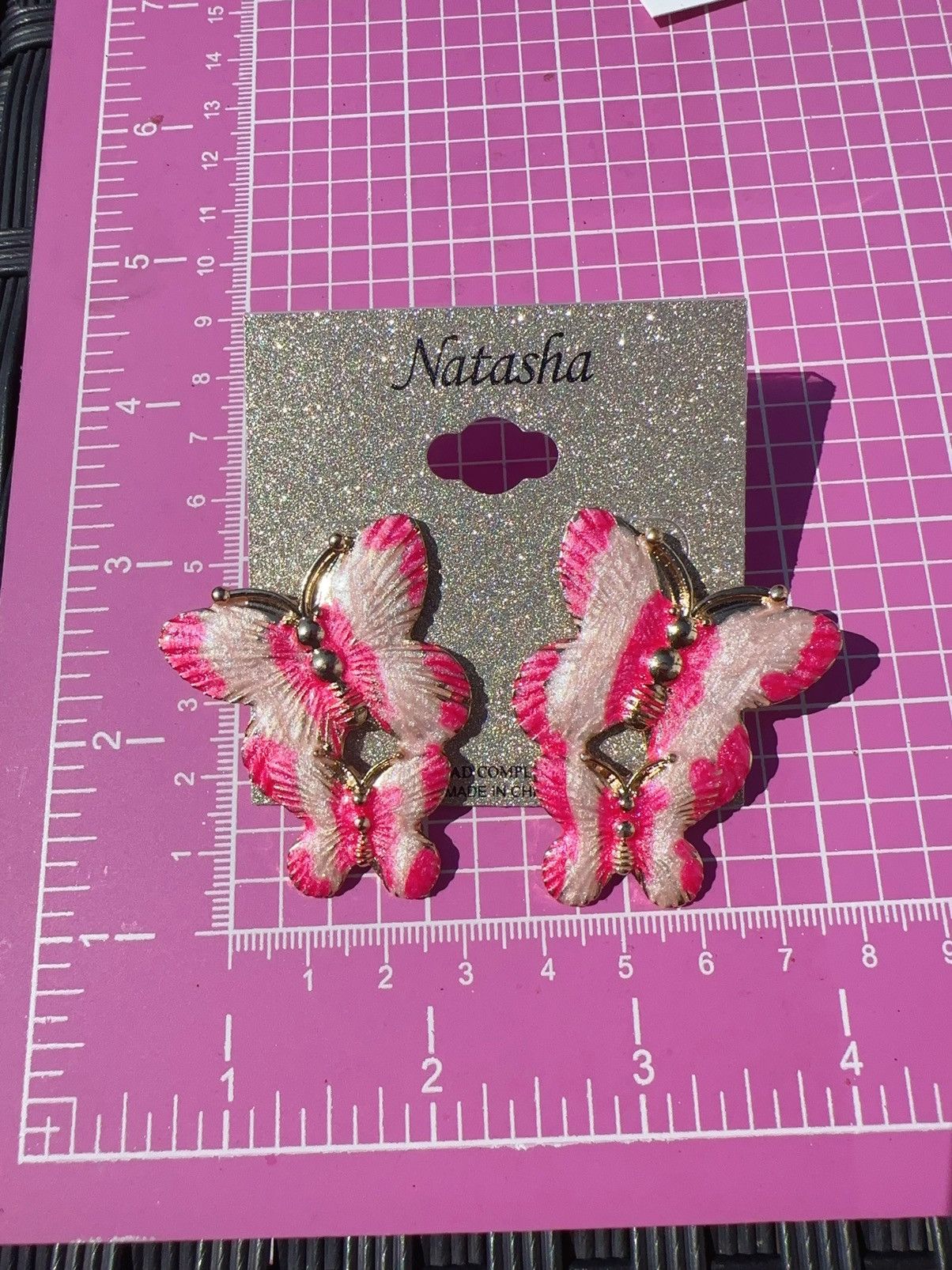 Designer Natasha gold tone pink butterfly gradient shiny earrings Size ONE SIZE - 3 Thumbnail