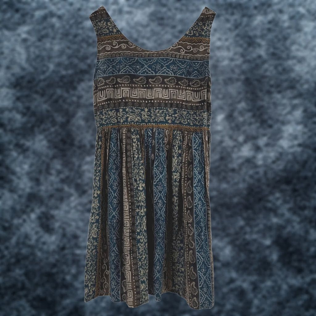 Vintage VINTAGE All That Jazz 90s Rayon Boho Geometric Paisley Mini Dress Blue Brown 9/10 Size L / US 10 / IT 46 - 1 Thumbnail