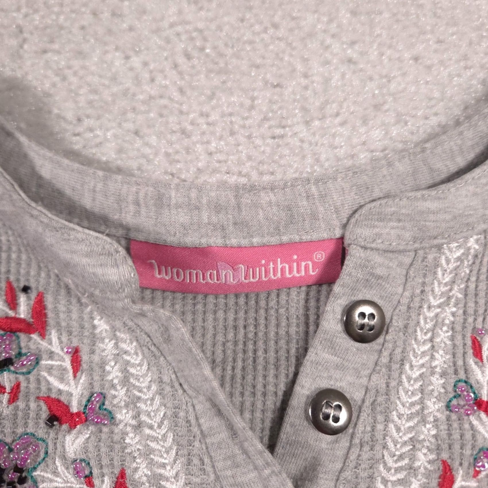 Vintage Woman Within Shirt Womens Large Gray Embroidered Henley Long Sleeve Thermal Top Size L / US 10 / IT 46 - 5 Thumbnail