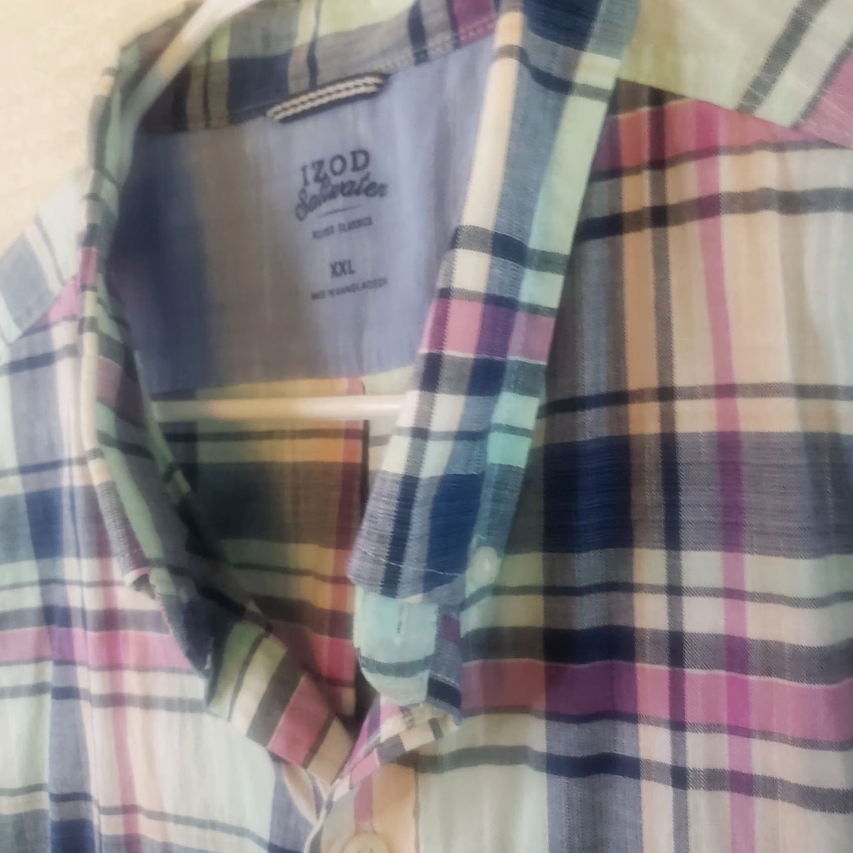 Izod IZOD Saltwater Mens 2XL Shirt Blue Pink Plaid Button-Down Short Sleeve Cotton Size US XXL / EU 58 / 5 - 7 Thumbnail