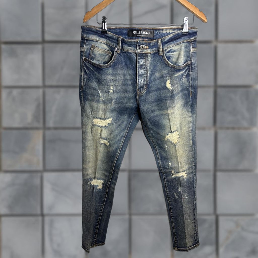 Denime VALABASAS Jeans Mens 32x32 Blue Medium Wash Distressed Skinny Stretch Denim Size US 32 / EU 48 - 1 Thumbnail