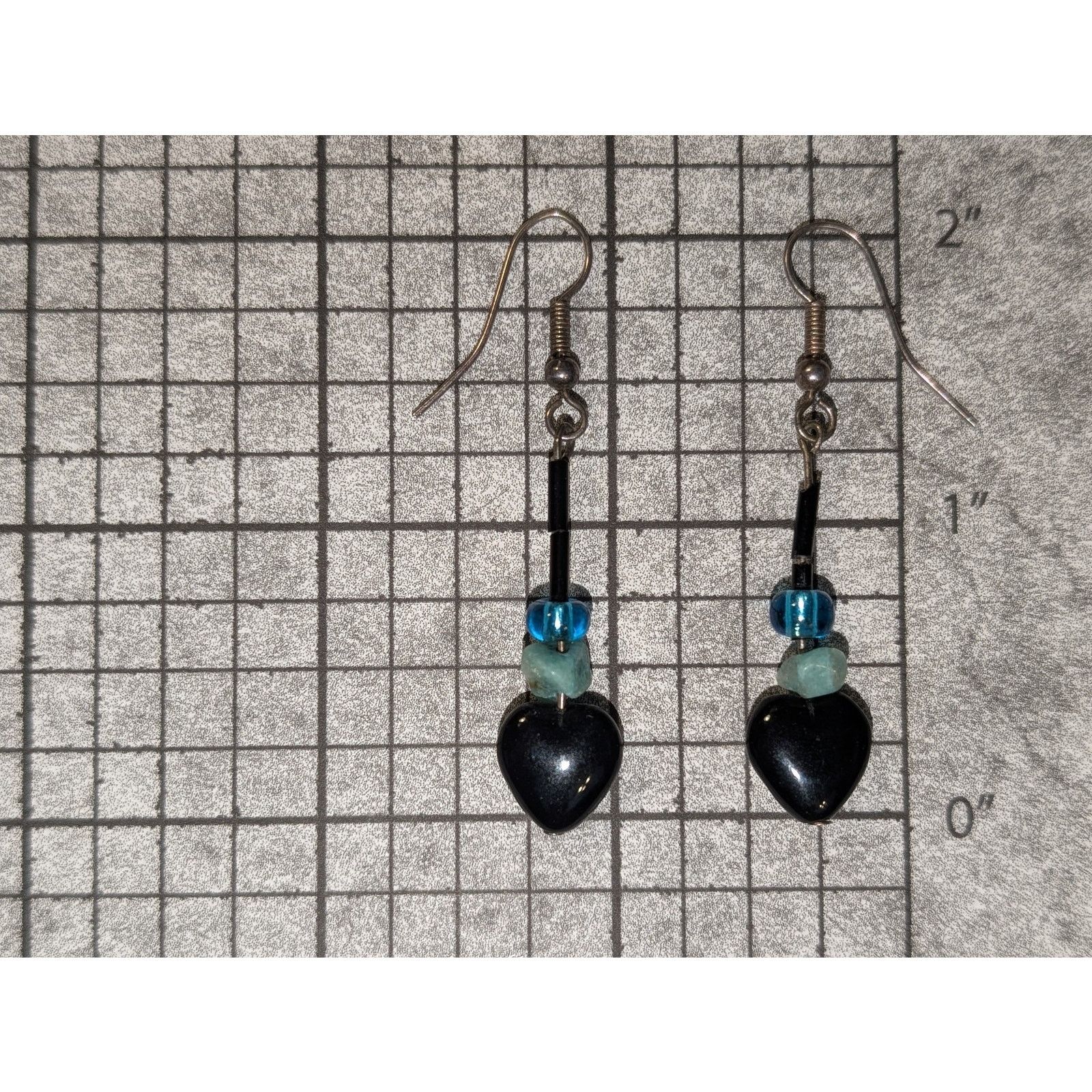 Vintage VTG 1980 Silver-Tone Turquoise & Black Heart Dangle Earrings Size ONE SIZE - 3 Thumbnail