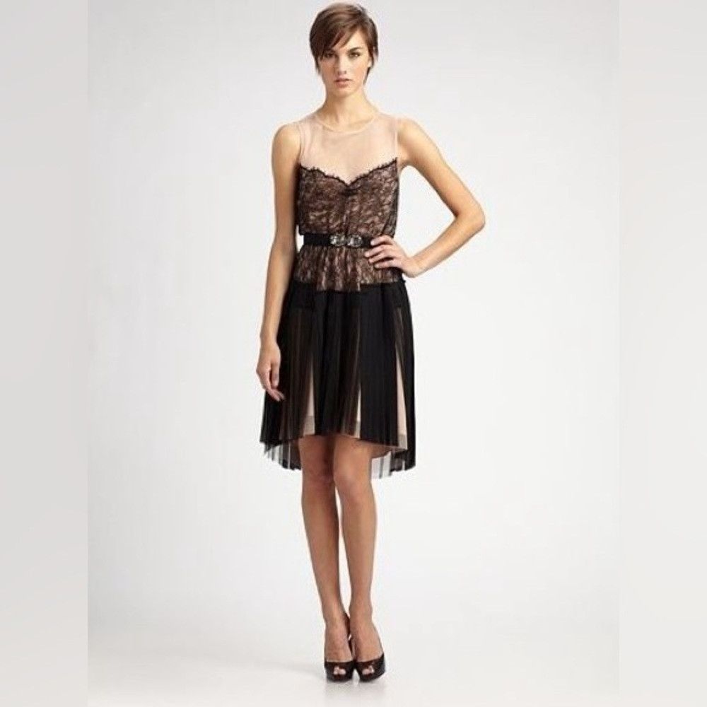 Bcbgmaxazria BCBG Max Azria Black Combo Tulle Lace Dress With Belt Sz L Size L / US 10 / IT 46 - 1 Thumbnail