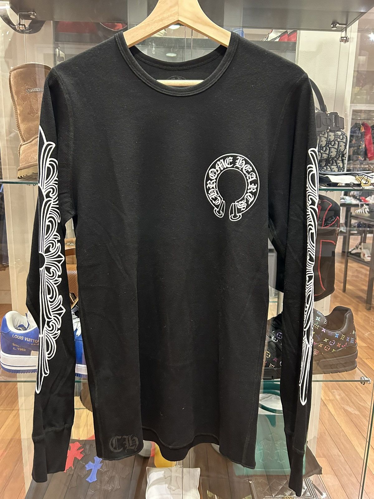 希少♪【CHROME HEARTS】HORSESHOE FLORAL THERMAL L/S TEE Chrome Hearts Horseshoe Floral Sleeve Waffle Thermal Shirt
