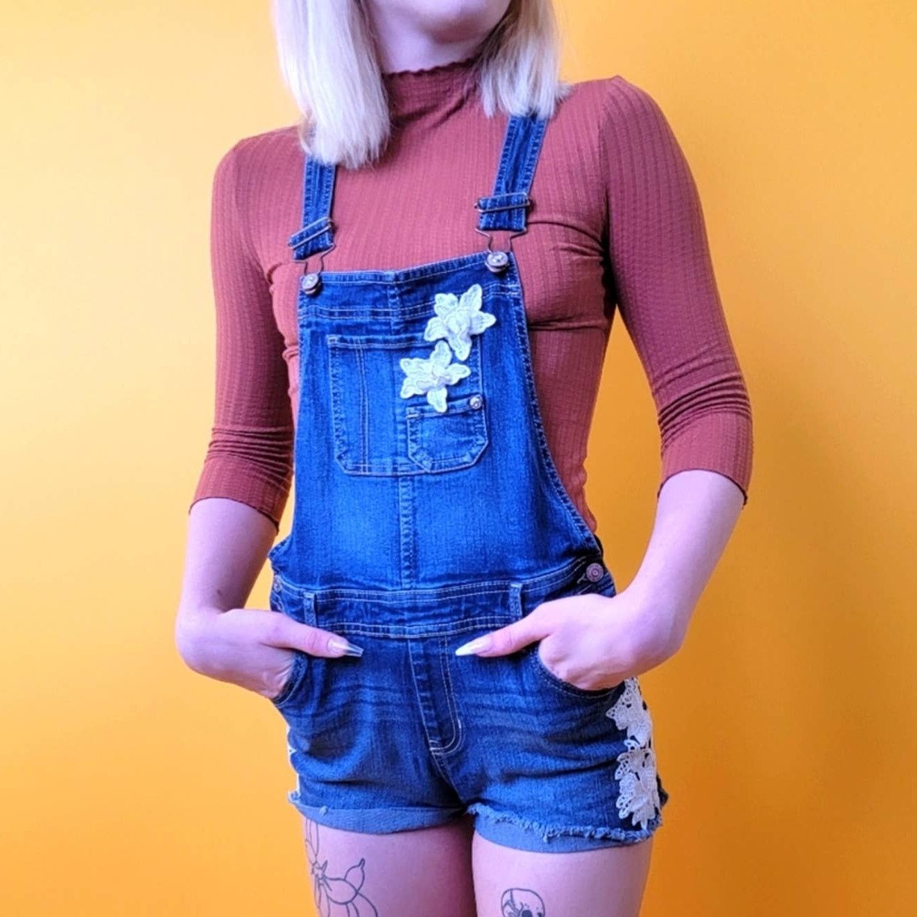 Jordache Denim and Lace Romper Jean Shortall Overalls Size 32" / US 10 / IT 46 - 5 Thumbnail