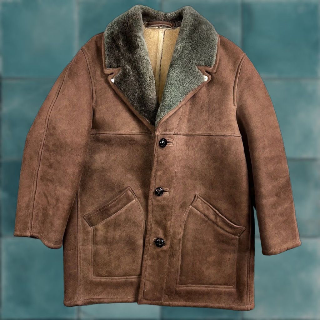 Vintage VTG Mens Coat Suede 60s Western Ranch Trucker Jacket Fur Sherpa 44 Brown 1960s Size US S / EU 44-46 / 1 - 1 Thumbnail