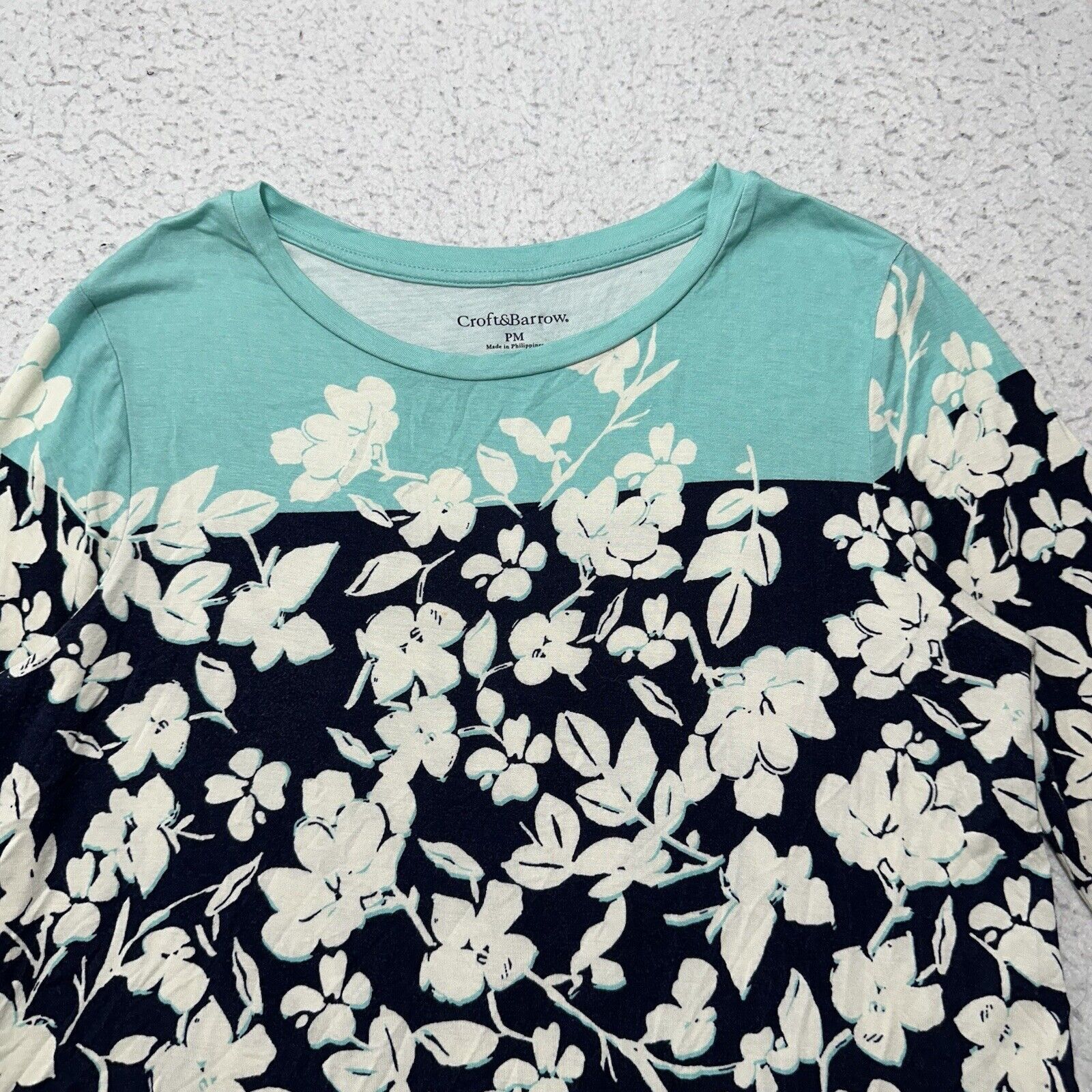Croft & Barrow Croft & Barrow PM Teal Navy Blue Floral Blouse T Shirt Size M / US 6-8 / IT 42-44 - 2 Thumbnail