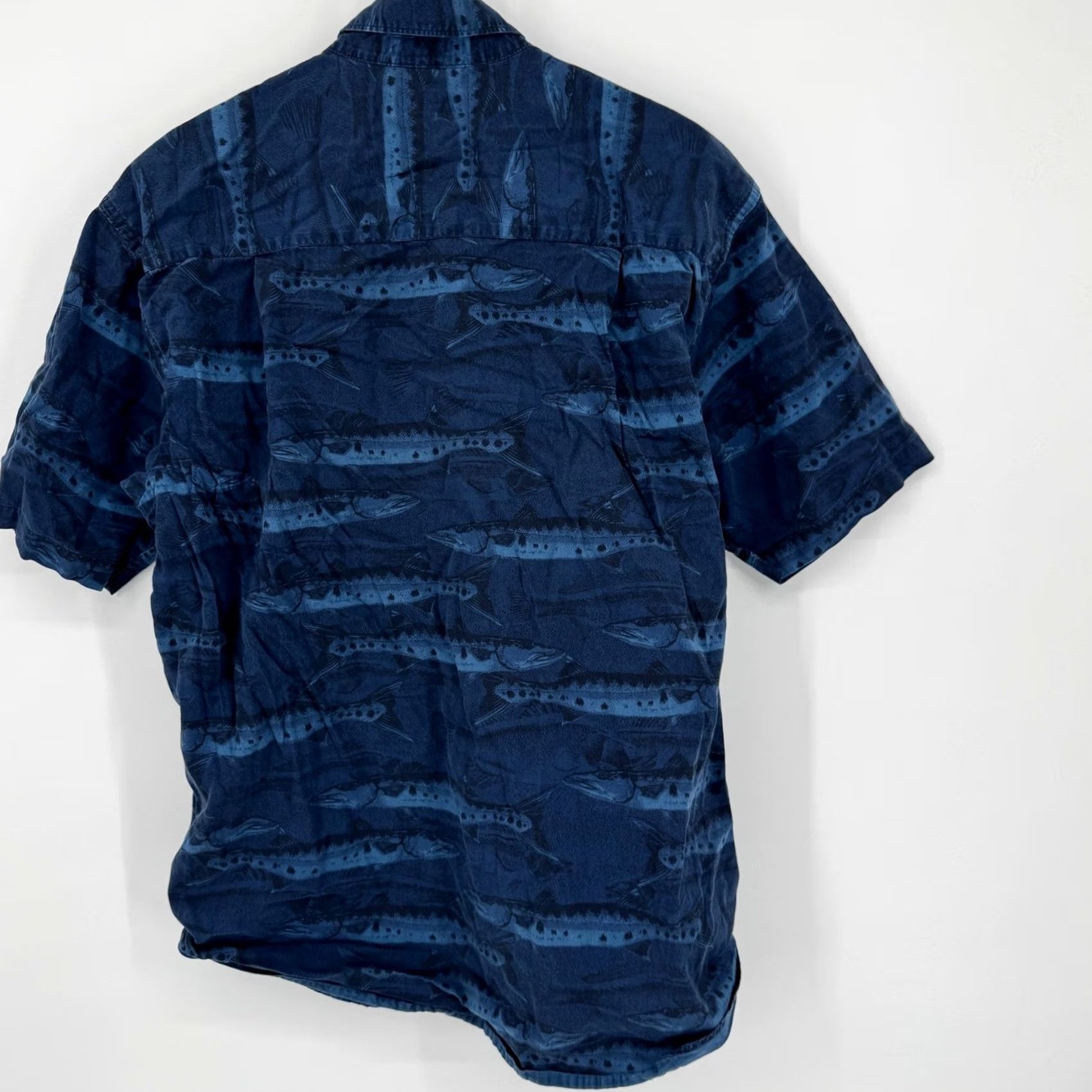 Nautica Vintage Nautica Shirt Short Sleeve Button-Down Blue Fish Print Mens Large Casual Summer Tropical Cotton Button-Up Theme: Tropical 90s Girls/Mens Size US L / EU 52-54 / 3 - 2 Thumbnail