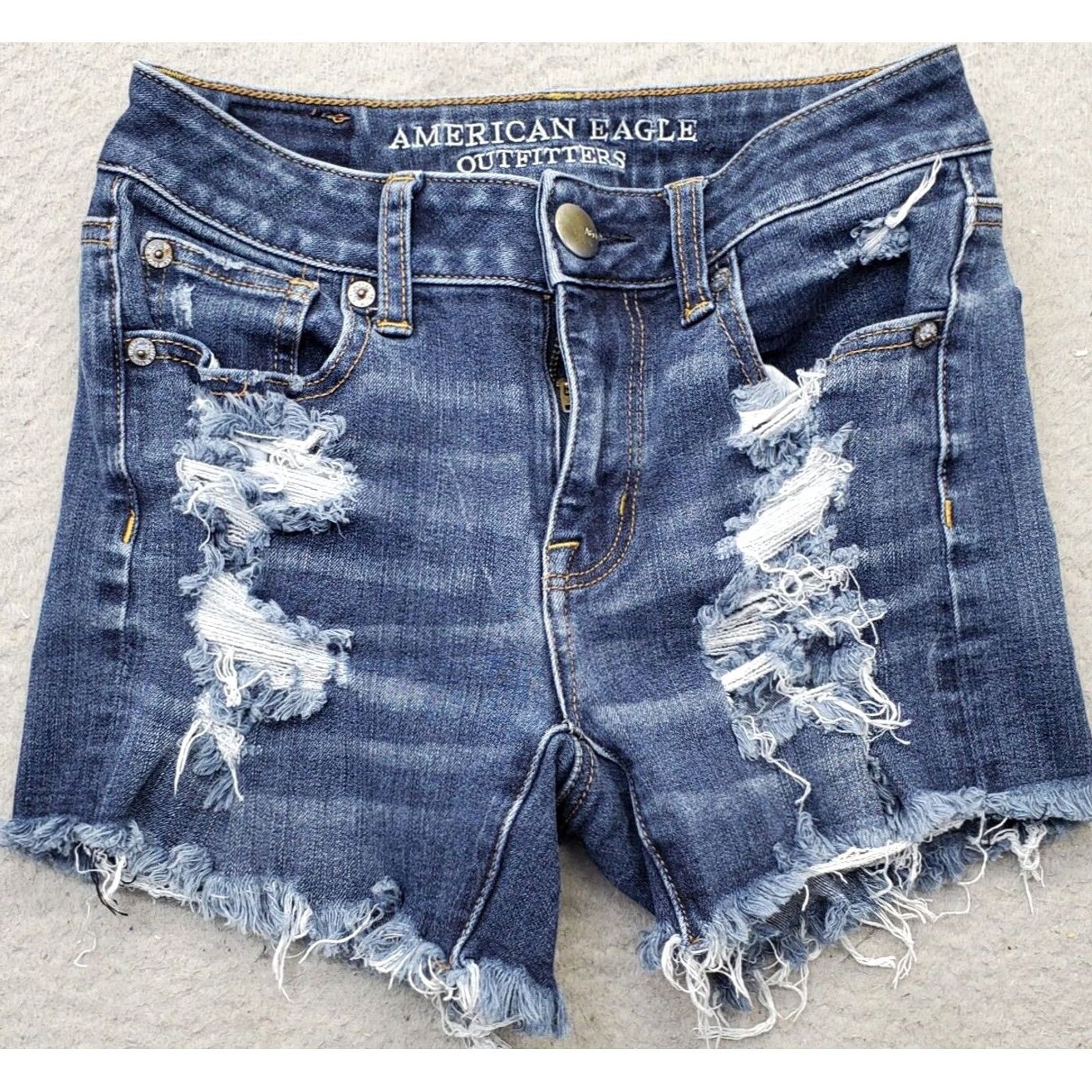 American Eagle Outfitters VINTAGE American Eagle Outfitters Shorts Women Size 00 Blue Denim High Rise Distressed Size 24" / US 00 / IT 34 - 2 Thumbnail