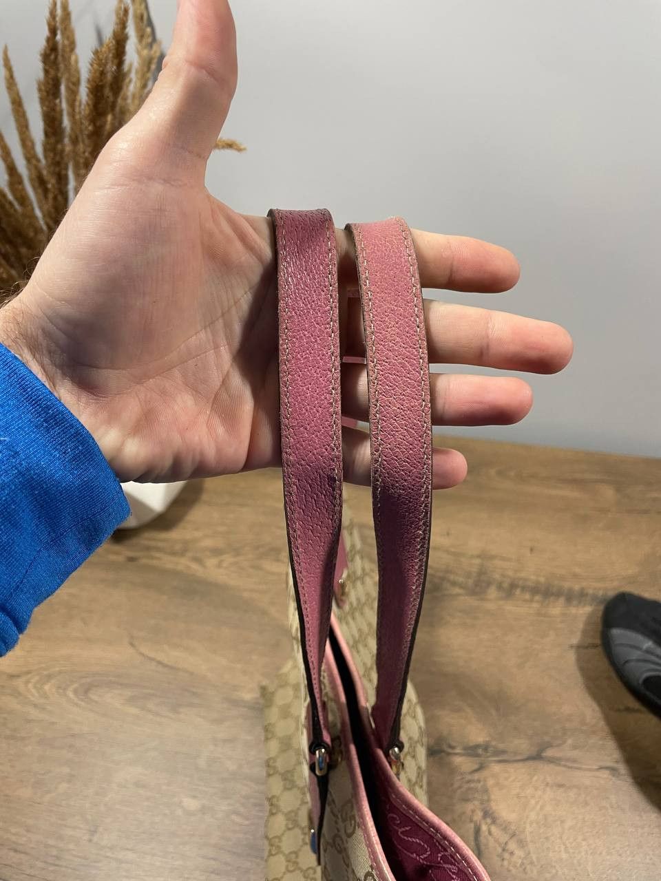 GUCCI GG Canvas Leather Tote Bag Hand Bag Beige Pink