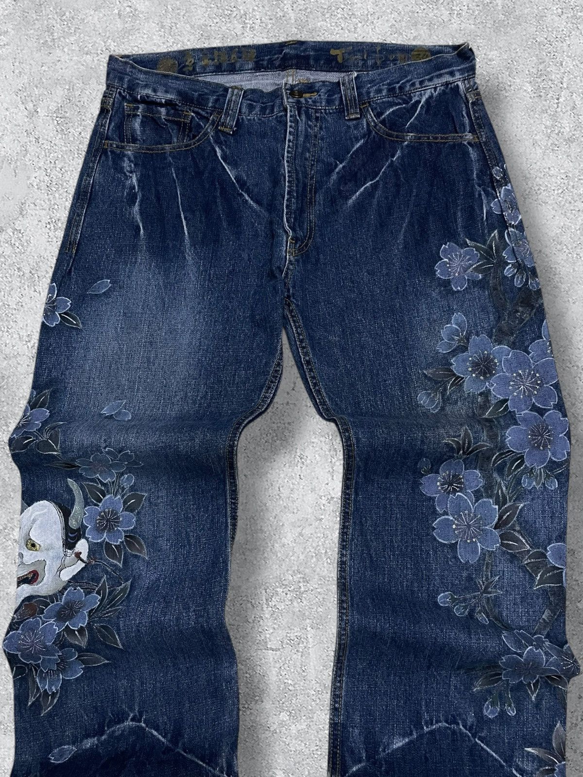 Beauty Beast Vintage Japan 90’s Karakuri Tamashi Satanic Face Jeans Size US 34 / EU 50 - 7 Thumbnail