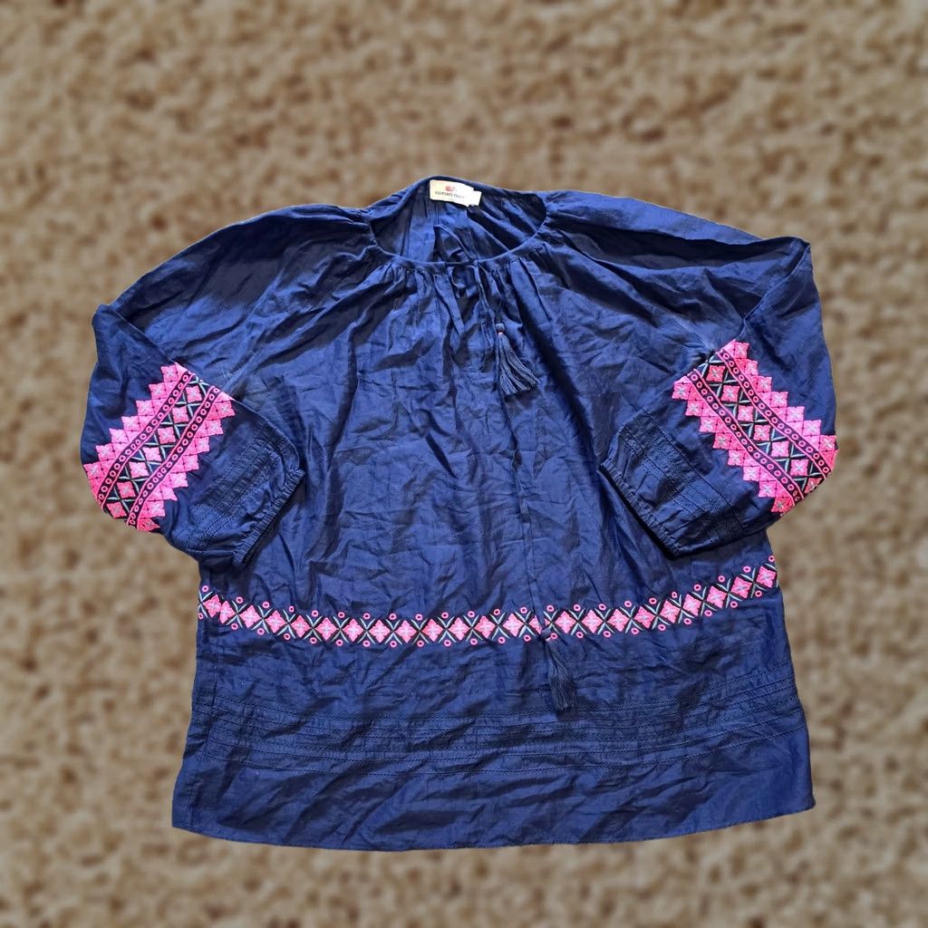 Vineyard Vines Vineyard Vines Top Womens L Blue Silk Blend Pink Embroidery Peasant Shirt Size L / US 10 / IT 46 - 1 Thumbnail