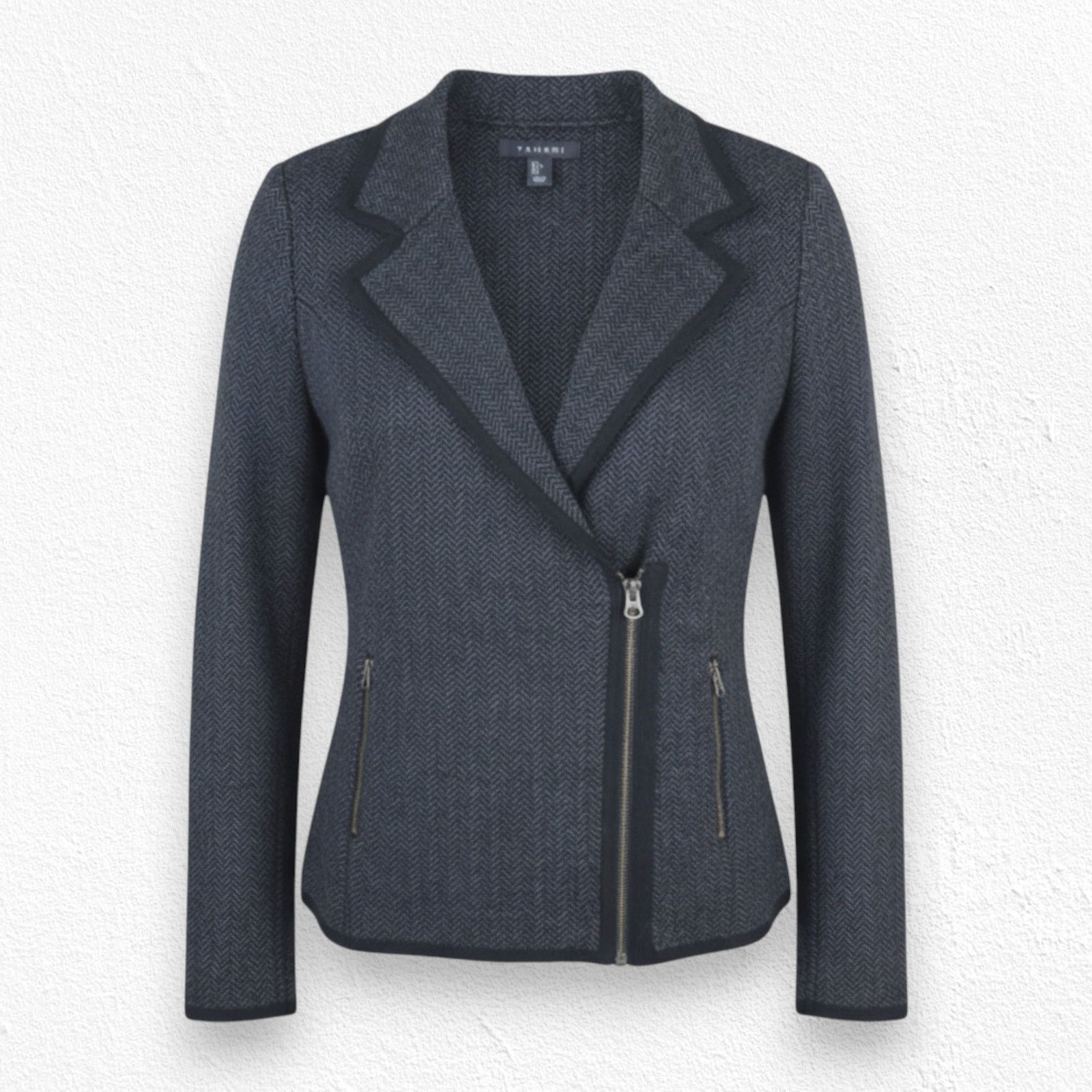 Other Tahari Gray Asymmetrical Zip Wool Moto Jacket Size Large Size L / US 10 / IT 46 - 1 Thumbnail