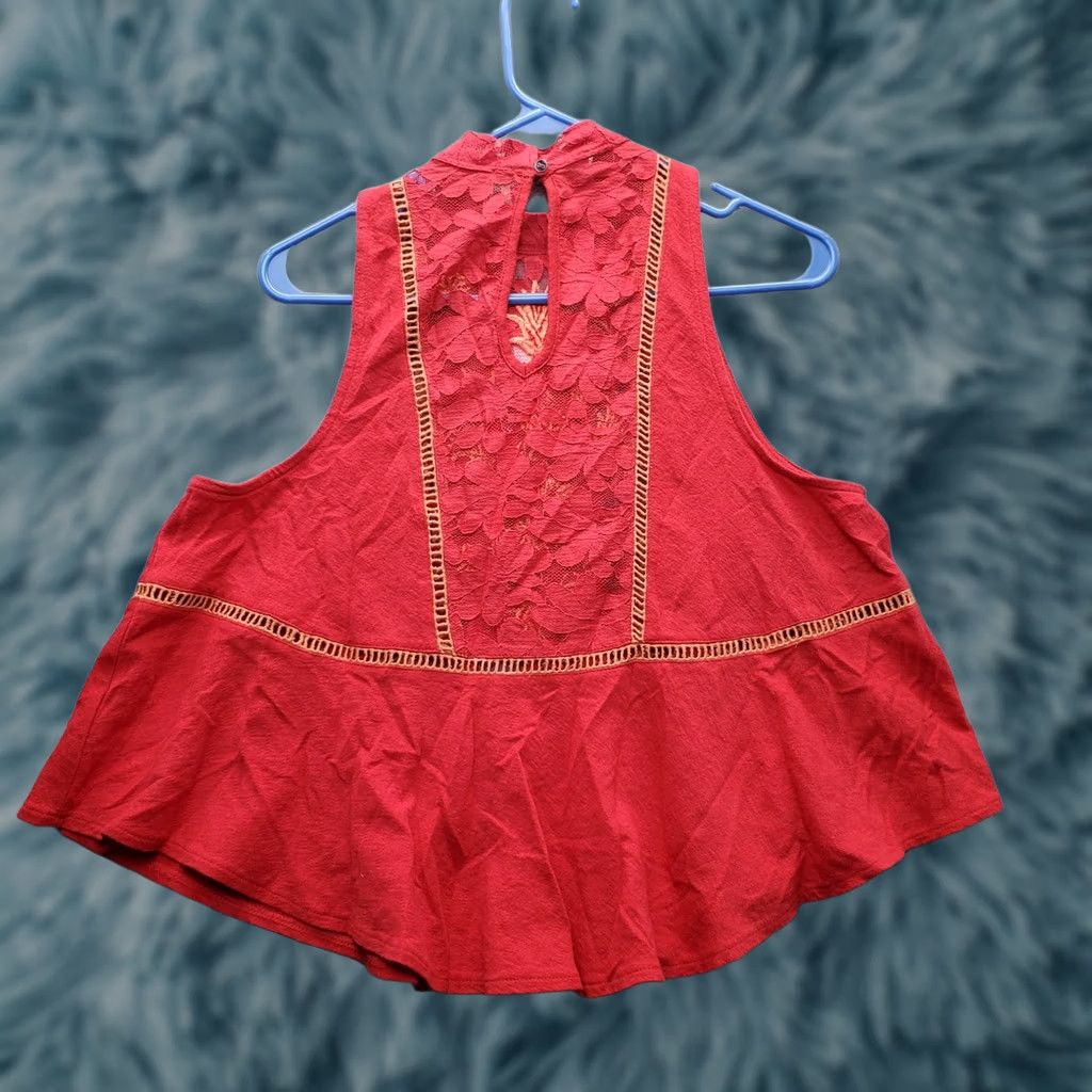 Free People Free People Tank Top Womens Size S Red Lace Embroidered Floral Mock Neck OB571890 Size S / US 4 / IT 40 - 1 Thumbnail