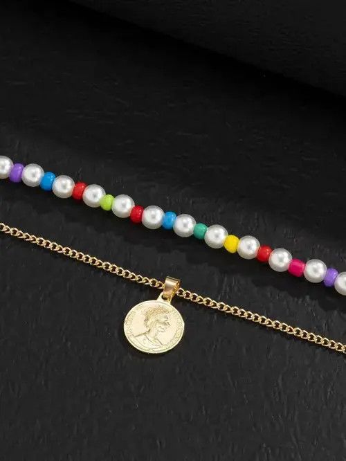 VIBE Retro Punk Necklace Pearl Choker Flower Charm 2pc Size ONE SIZE - 3 Thumbnail