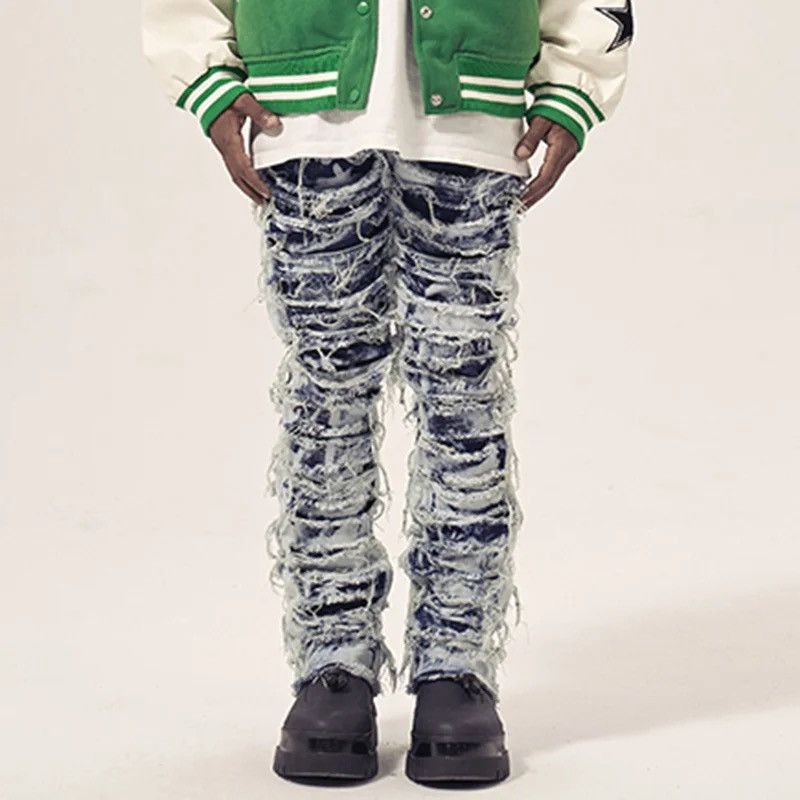 image of Distressed Denim Raw Edge Casual Straight Slim Pants in Blue, Men's (Size 33)