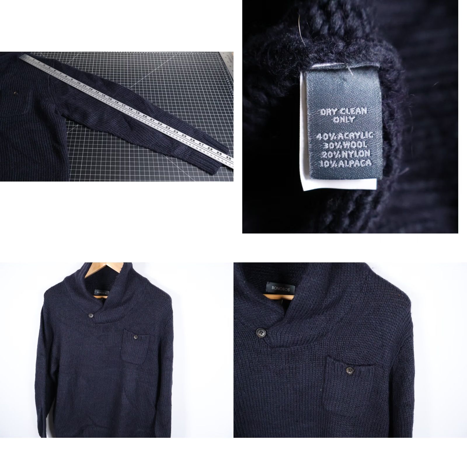 Bonobos Bonobos Sweater Mens Large Dark Blue Chunky Knit Shawl Collar Wool Alpaca Nylon Acrylic Heavyweight Pullover Casual Knit Shirt Size US L / EU 52-54 / 3 - 8 Thumbnail