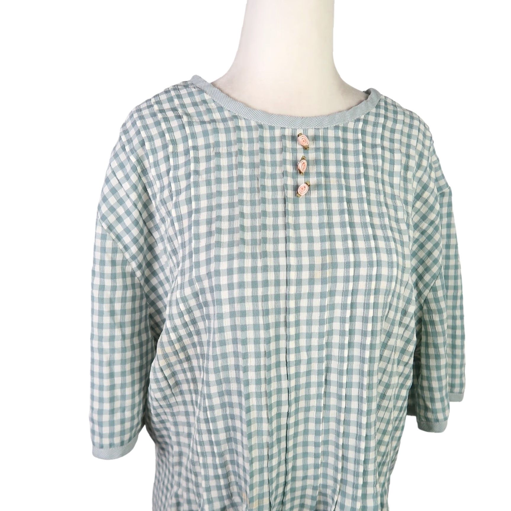 Vintage VINTAGE Lady Dorby Mini Dress Gingham Check Green Cream 22W Womens 80s 90s Short Sleeve Zip Closure Size 3XL / US 20-22 - 2 Thumbnail