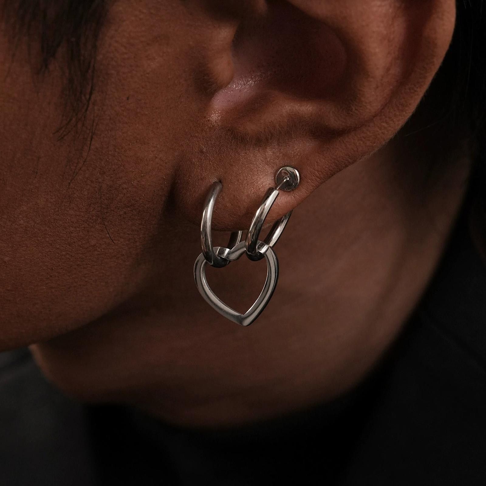 Jewelry Silver Hoop Heart Charm Earrings, Minimalist Silver Jewelry Size ONE SIZE - 2 Thumbnail