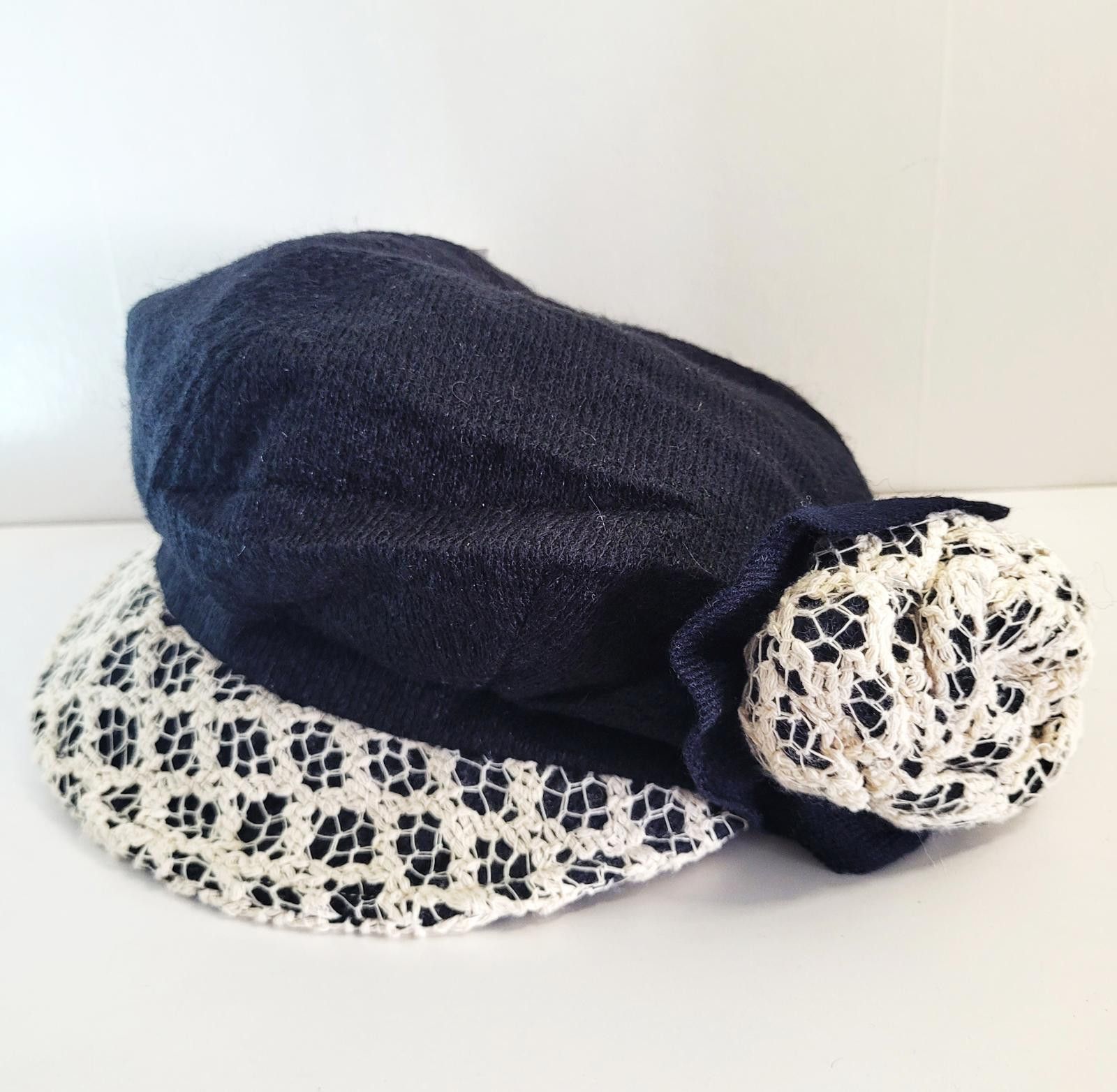Other KOUKI Women’s Black Knit Newsboy Hat Lace Trim Pom Pom - NEW Size ONE SIZE - 1 Thumbnail