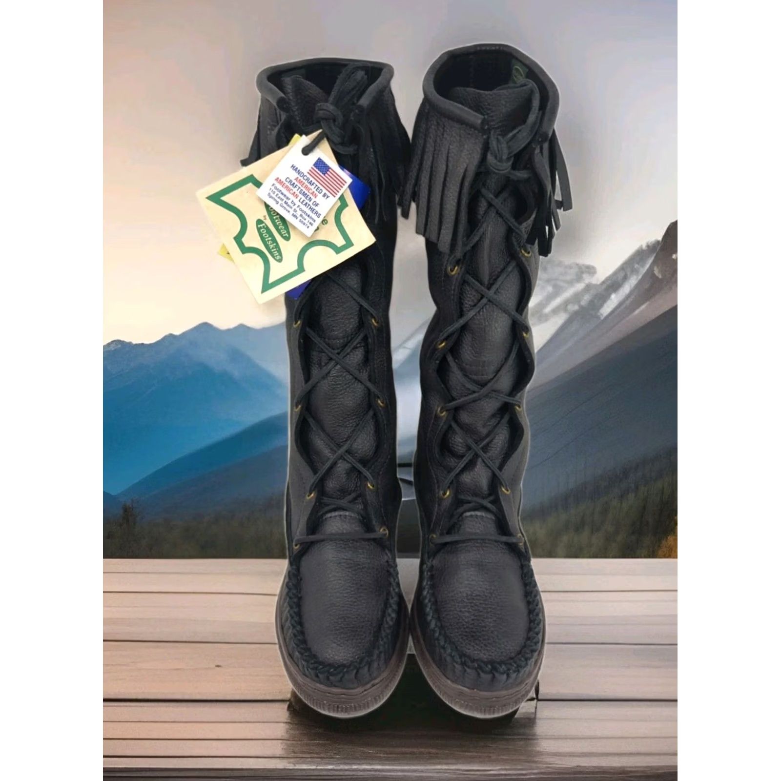 Vintage FOOTSKINS Deerskin Fringe Knee High Boots Black Womens 6 / 6.5 Leather Lining Lace Up Knee High Western 14" 3" Fringe USA NATIVE, 90s, Vintage? Size US 6 / IT 36 - 5 Thumbnail