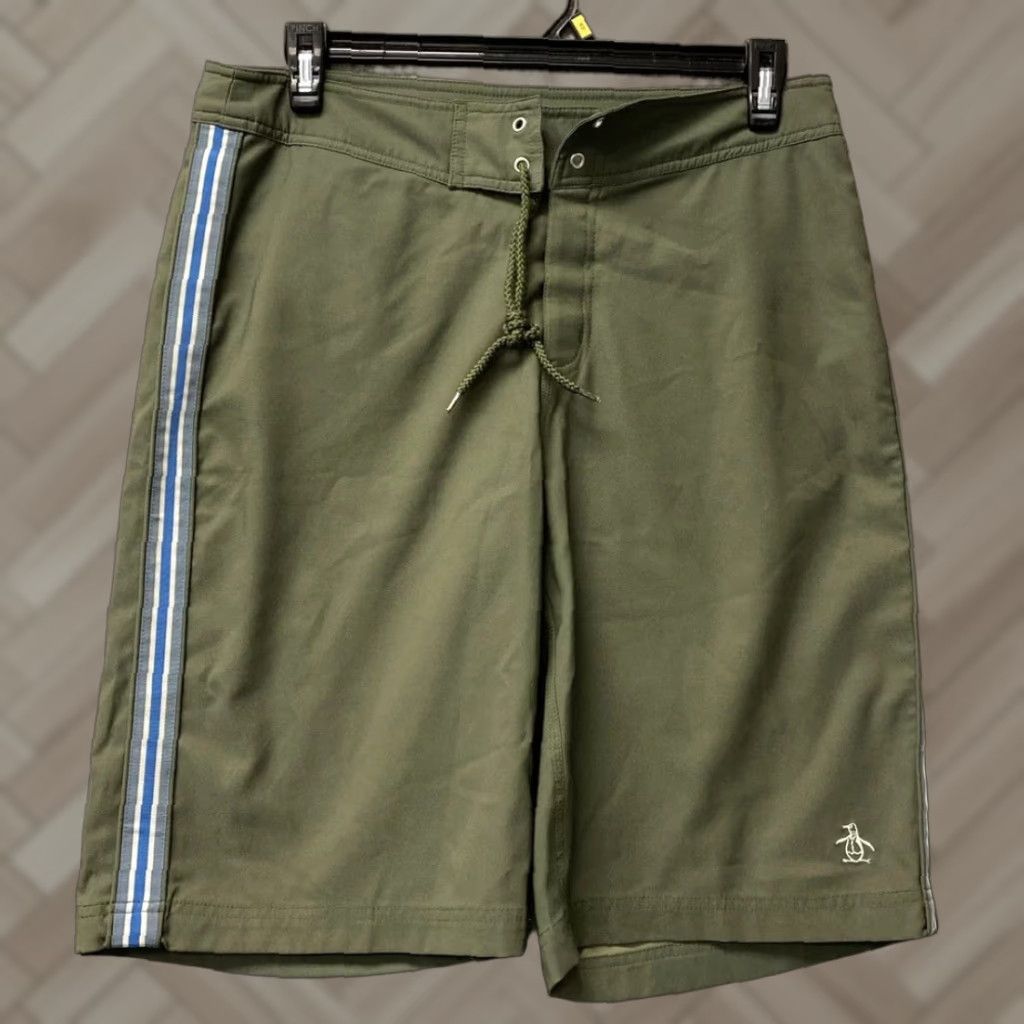 Olive VINTAGE Penguin Men's Board Shorts Swimwear Size 32 Olive Green Stretch Summer Mens Size US 32 / EU 48 - 1 Thumbnail