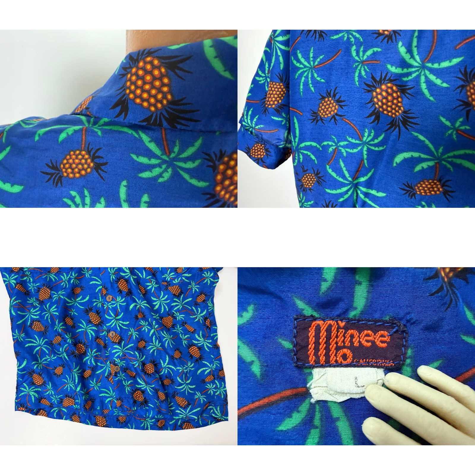 Vintage VINTAGE Minee Mo Pineapple Hawaiian Shirt Men Large Camp Palm Tree Silky Polyester Blue Short Sleeve Button-Up Collared Size US L / EU 52-54 / 3 - 8 Thumbnail