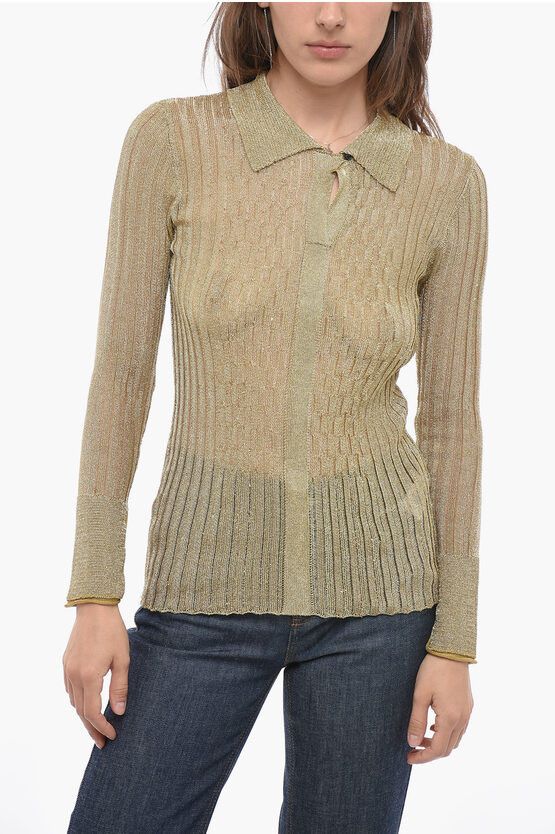 image of Victoria Beckham Lightweight Lurex Sweater With Polo Collar in Gold, Women's (Size Medium)