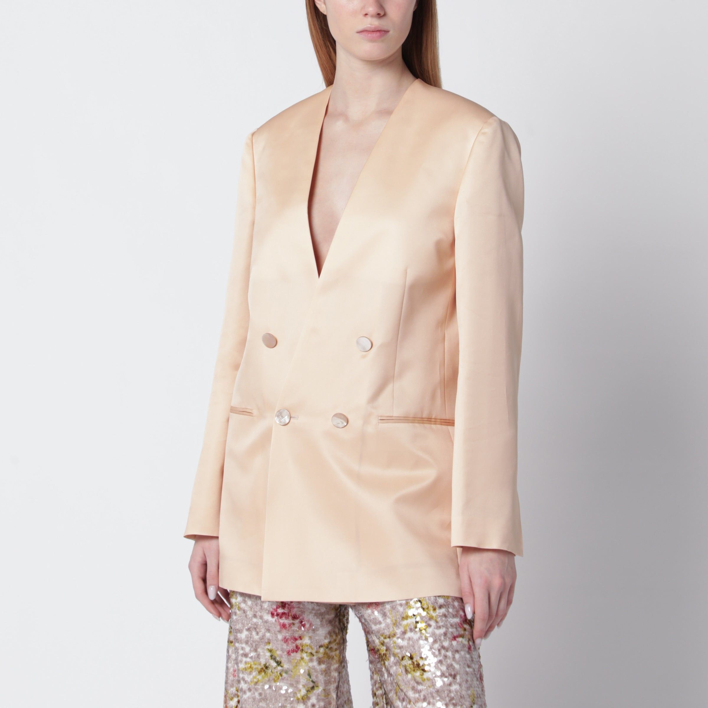 Alberta Ferretti Alberta Ferretti Beige Double-Breasted Jacket In Silk Organza Size S / US 4 / IT 40 - 1 Thumbnail