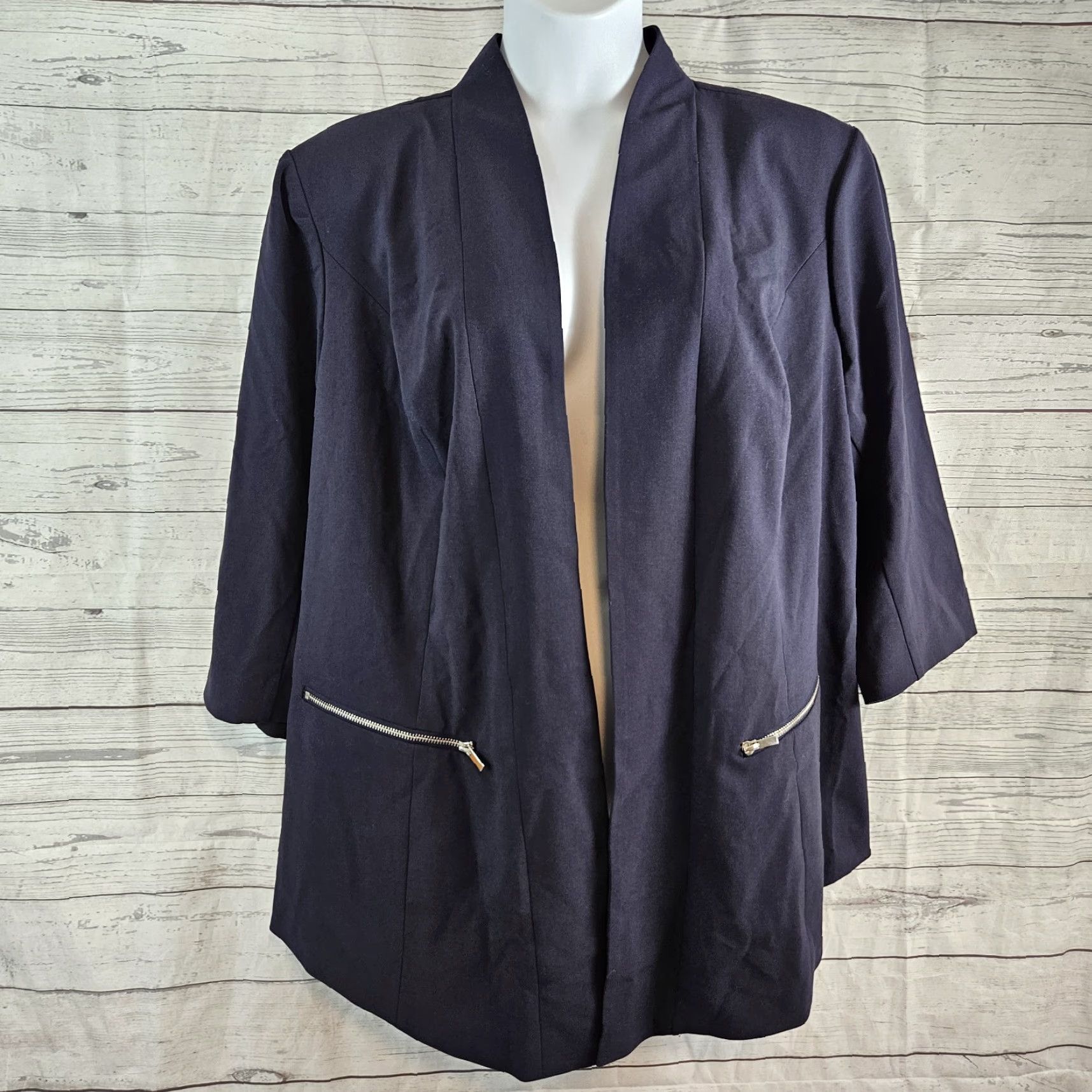 Vintage Lane Bryant Blazer Womens 26 Blue Open Front Zip Pockets 3/4 Sleeve Jacket Size 4XL / US 24-26 - 2 Thumbnail