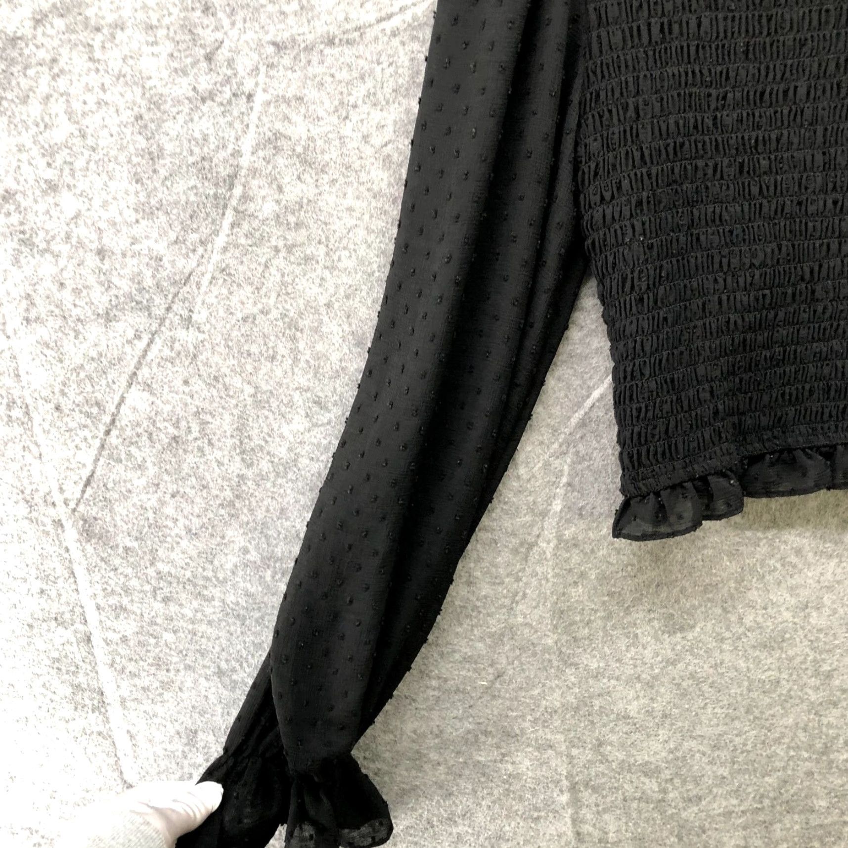 Vintage DO+BE Smocked Chiffon Top Womens M Black Balloon Sleeve Swiss Dot Shirt Blouse Crew Neck Casual Long Sleeve Pattern: Solid) Size M / US 6-8 / IT 42-44 - 3 Thumbnail