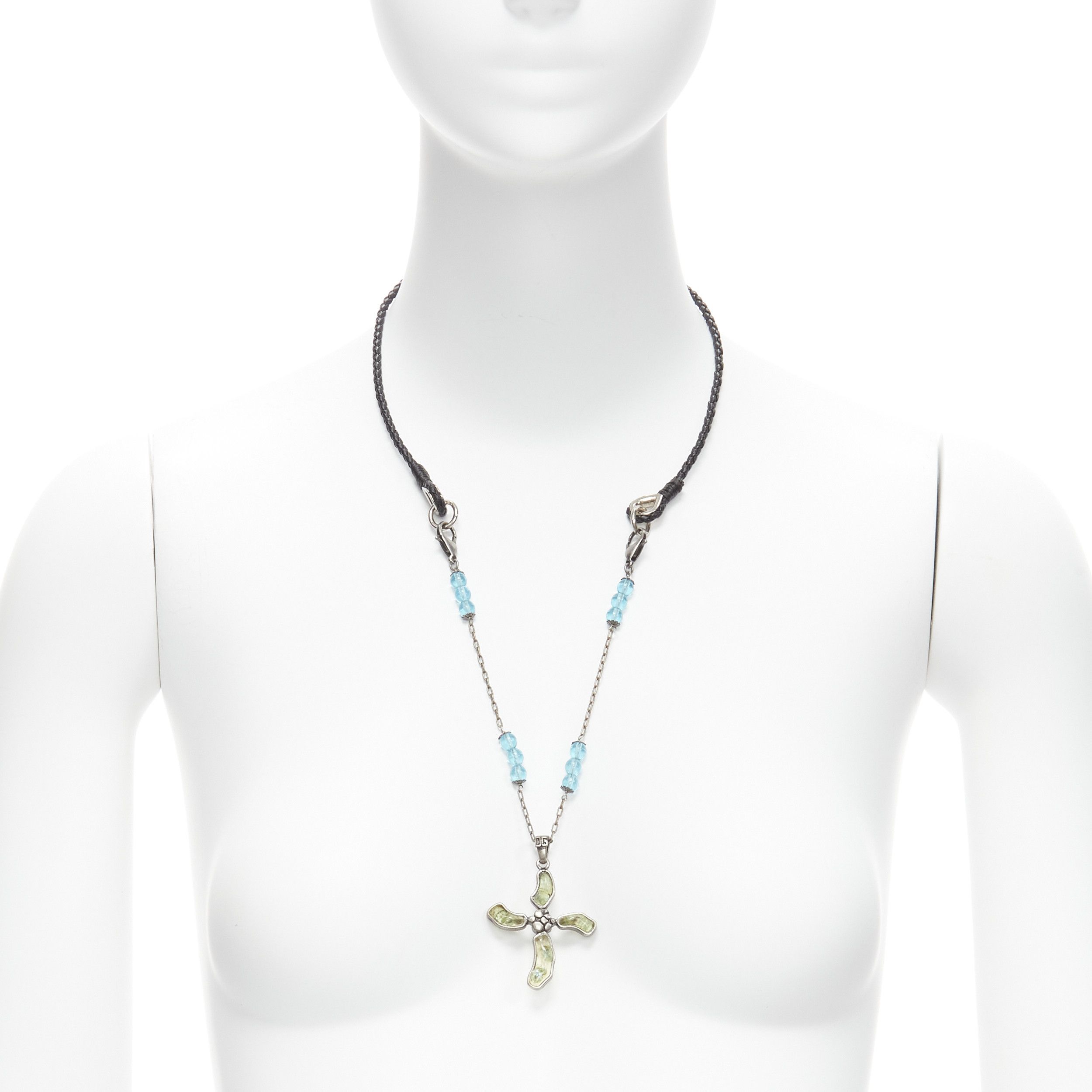 new DOLCE GABBANA faux emerald blue beads Bytantine cross woven leather opera necklace