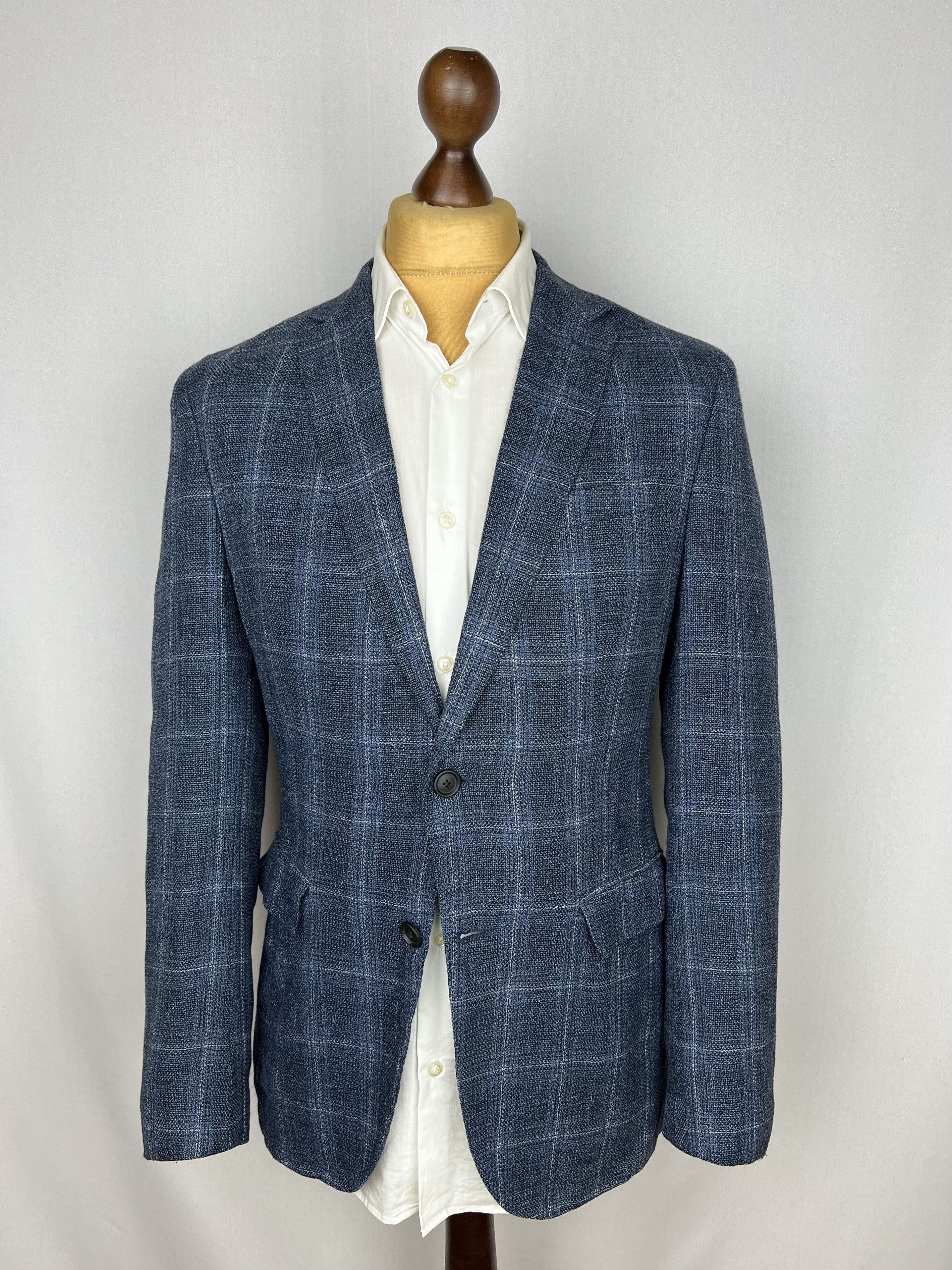 Hugo Boss Navy Windowpane Check Wool\Linen Sport Coat Size 40R - 1 Thumbnail